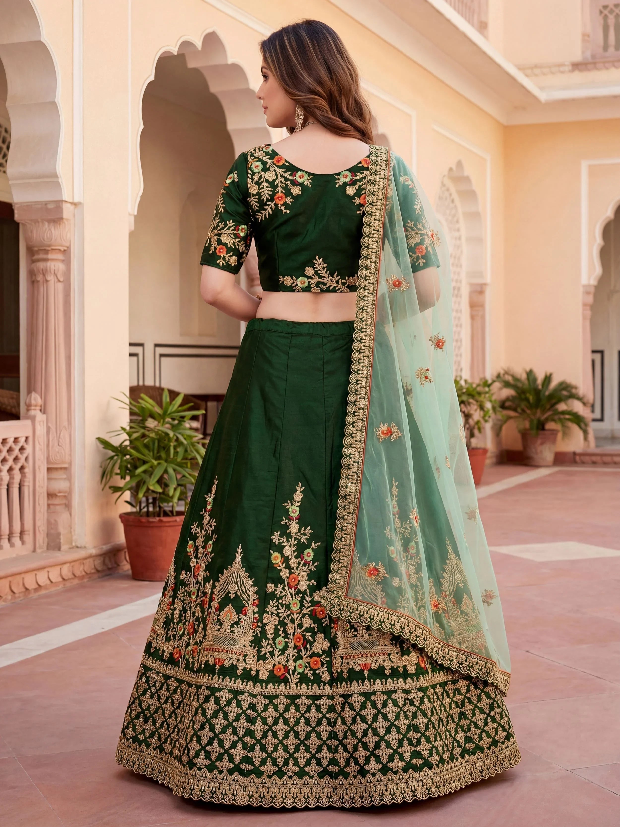 Green Thread Embroidered Silk Wedding Lehenga Choli for Women
