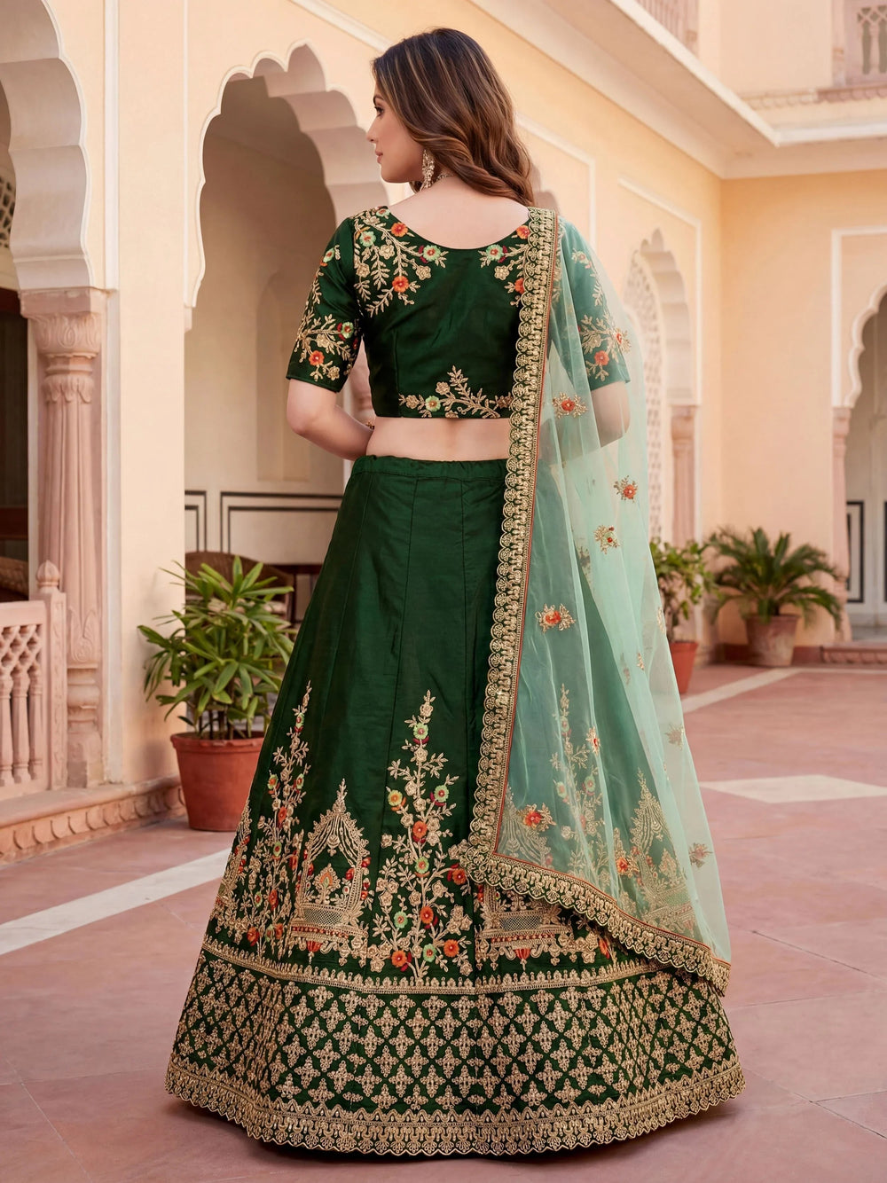 Green Thread Embroidered Silk Wedding Lehenga Choli for Women