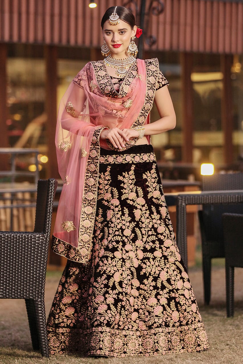 Maroon Thread Embroidered Velvet Silk Bridal Lehenga Choli and Pastel Pink Dupatta