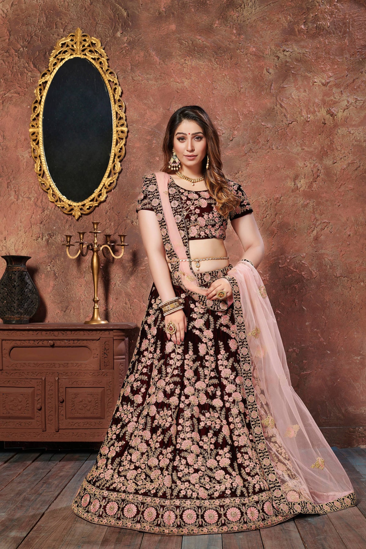 Maroon Thread Embroidered Velvet Silk Bridal Lehenga Choli and Pastel Pink Dupatta