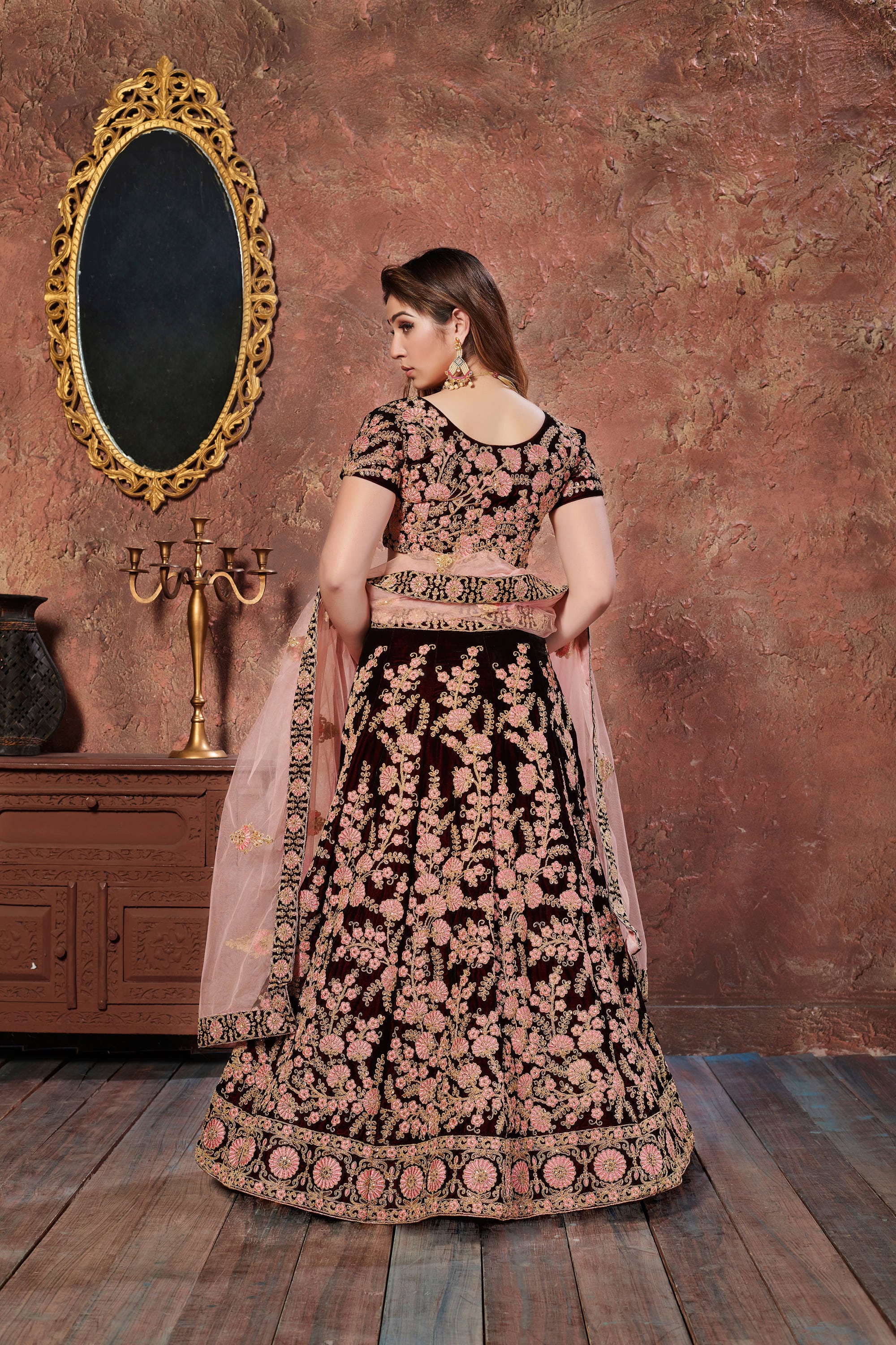 Maroon Thread Embroidered Velvet Silk Bridal Lehenga Choli and Pastel Pink Dupatta