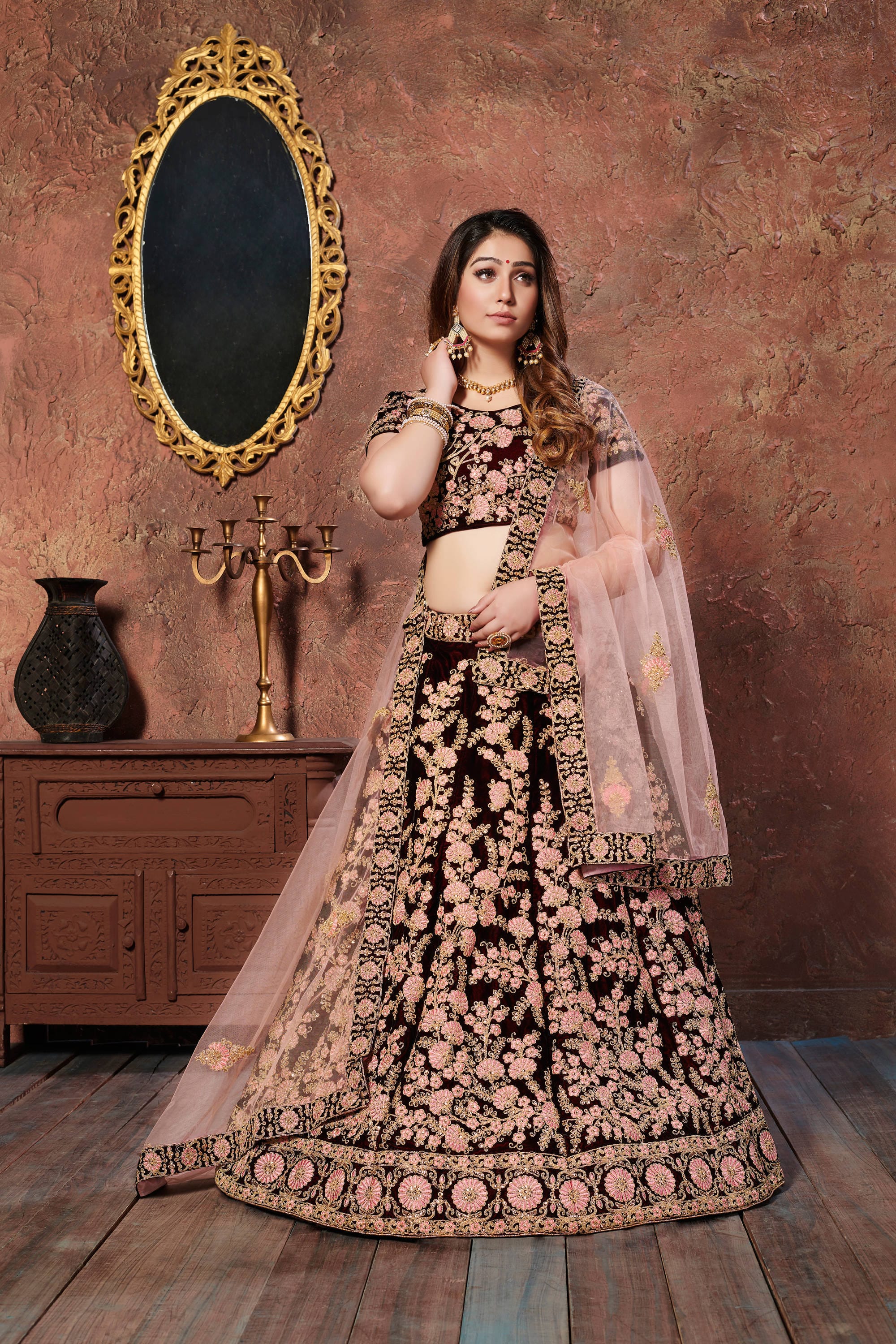 Maroon Thread Embroidered Velvet Silk Bridal Lehenga Choli and Pastel Pink Dupatta