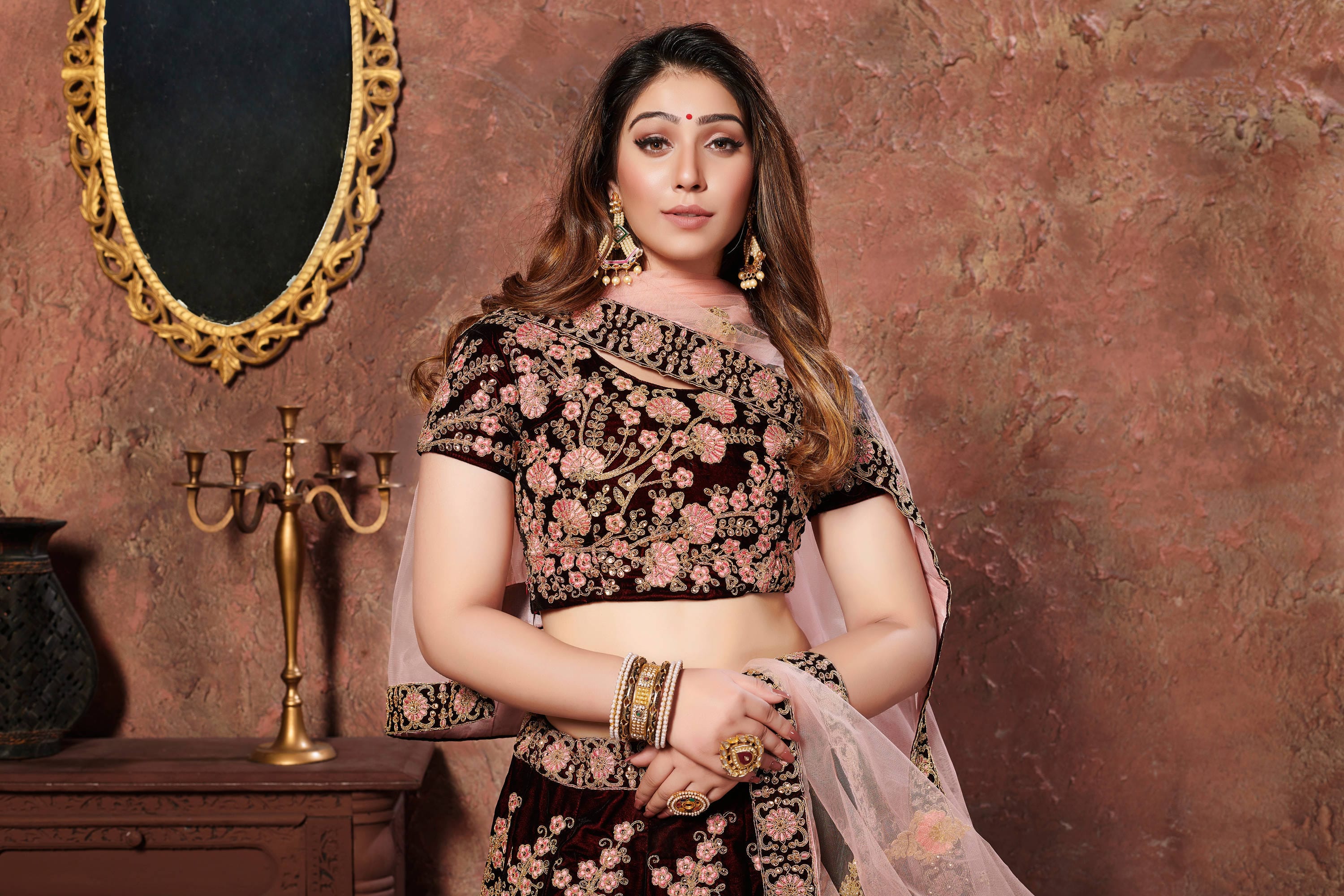 Maroon Thread Embroidered Velvet Silk Bridal Lehenga Choli and Pastel Pink Dupatta