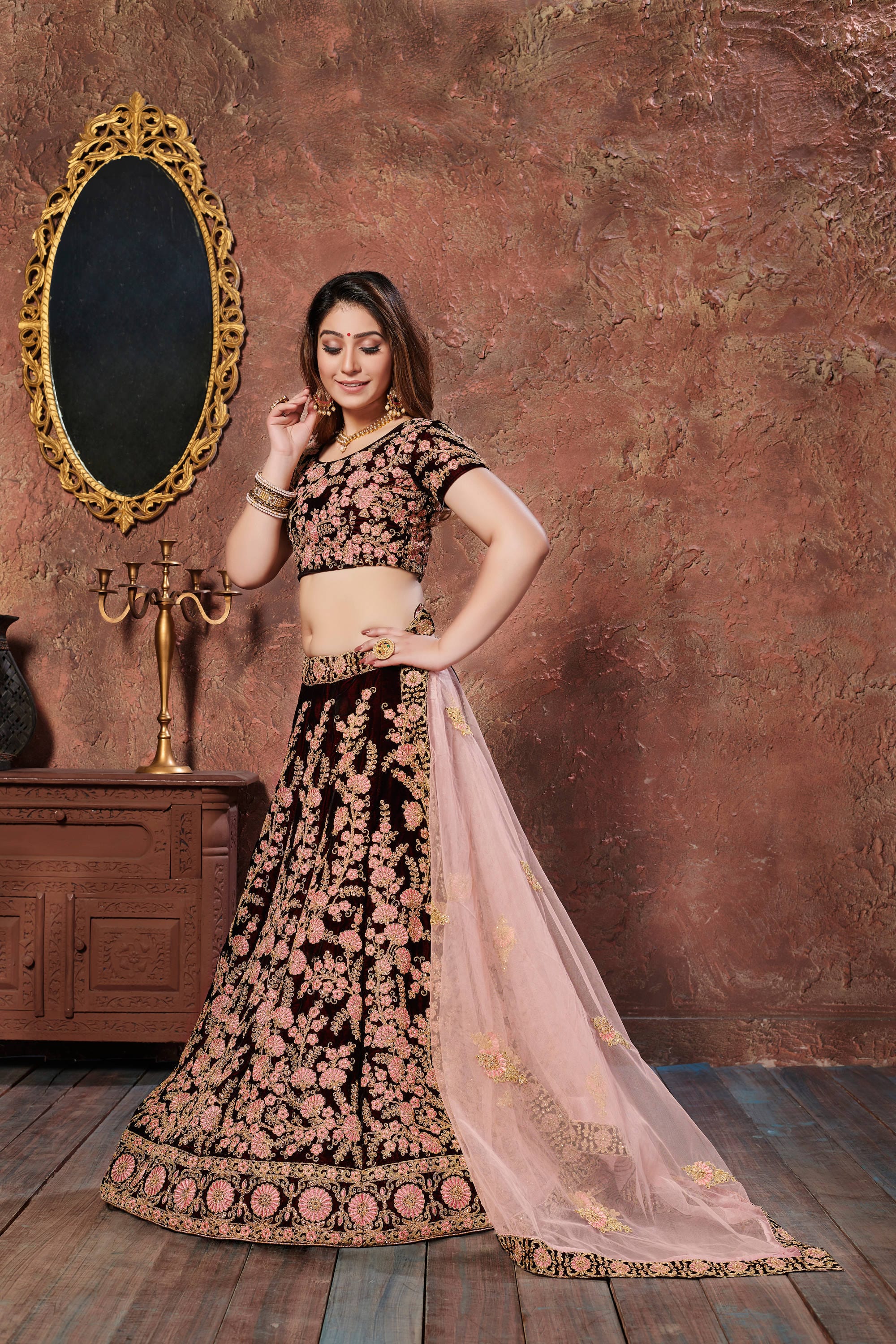 Maroon Thread Embroidered Velvet Silk Bridal Lehenga Choli and Pastel Pink Dupatta
