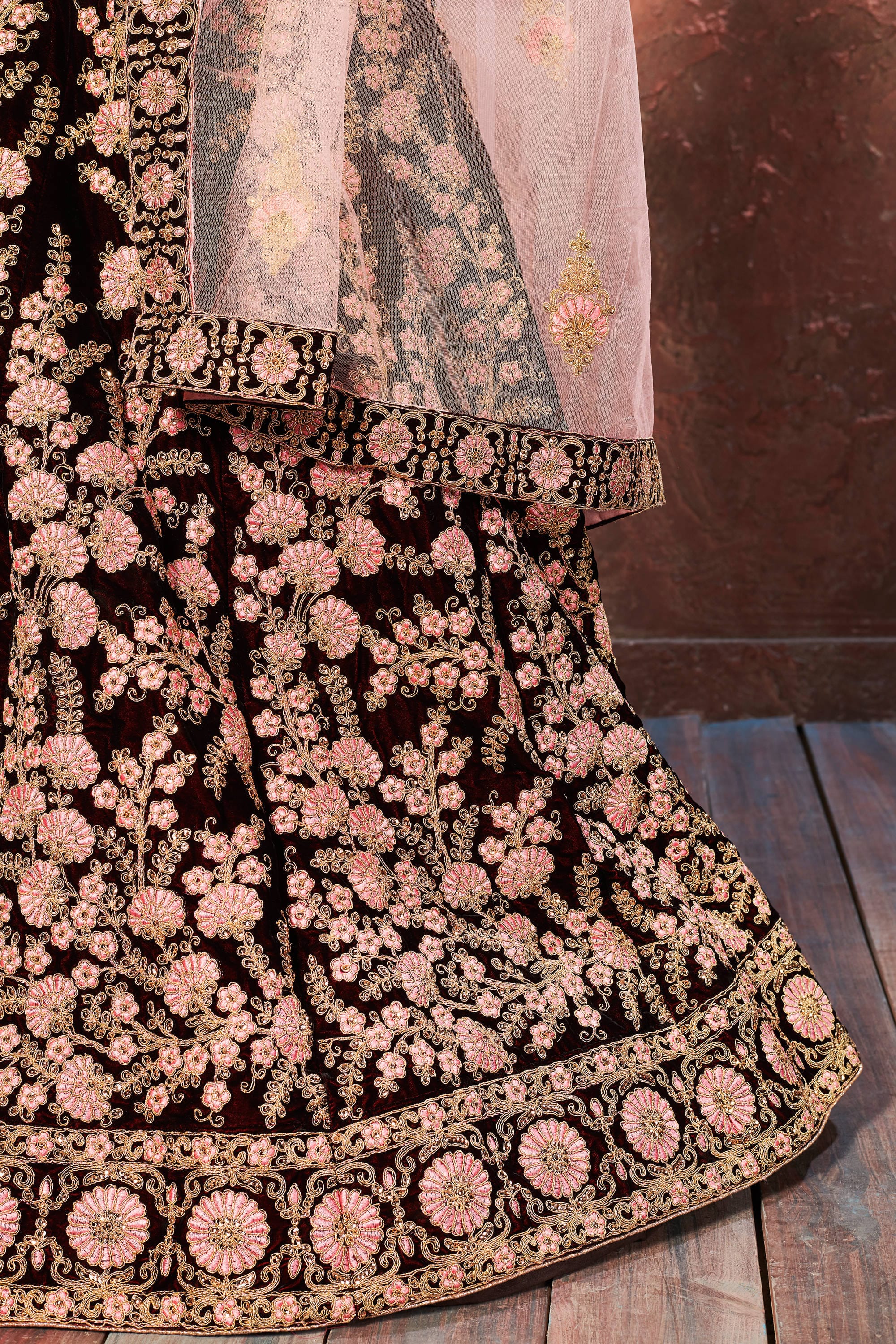 Maroon Thread Embroidered Velvet Silk Bridal Lehenga Choli and Pastel Pink Dupatta