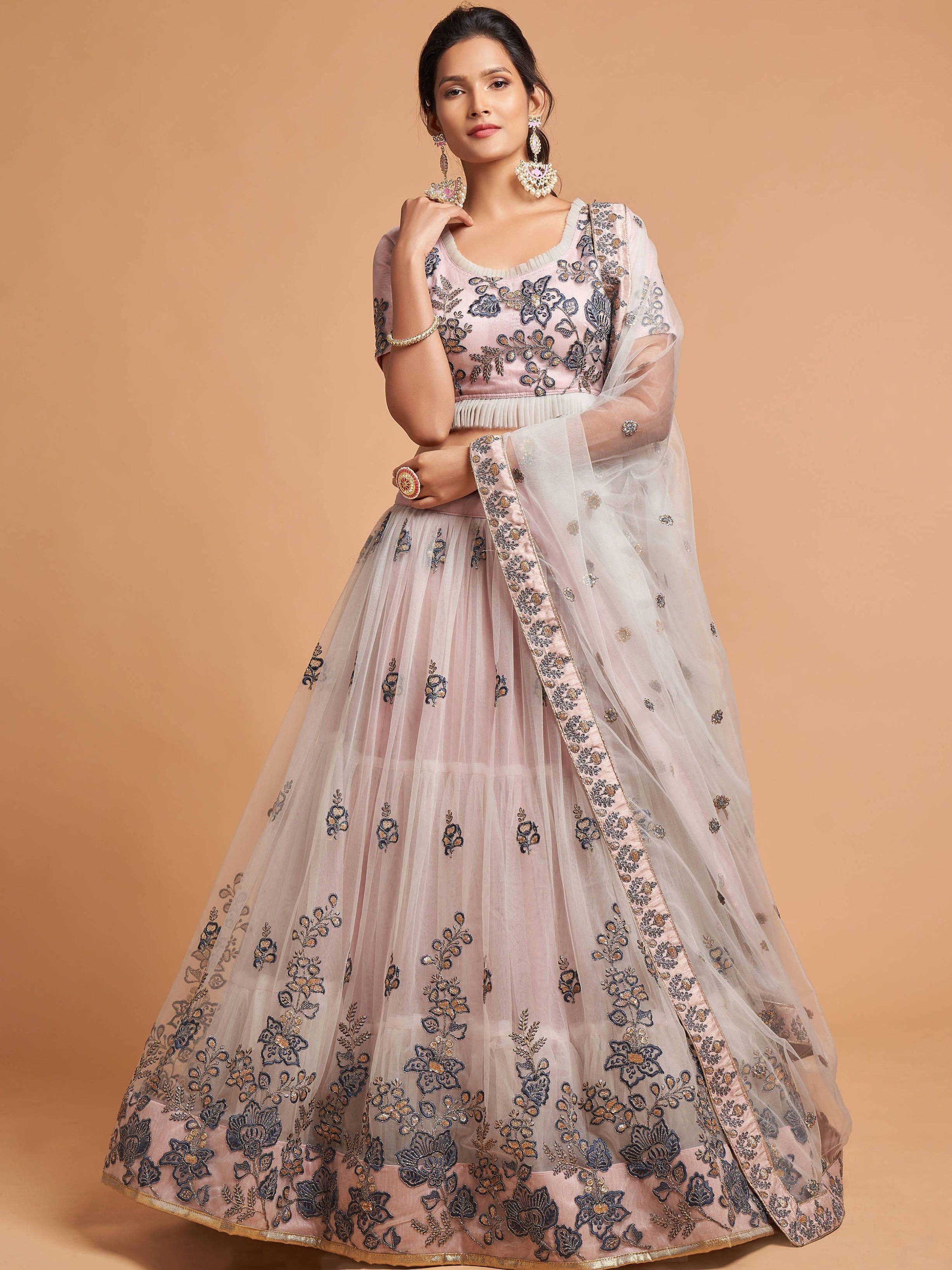 Brilliant Grey Zari Embroidered Net Party Lehenga Choli for Women