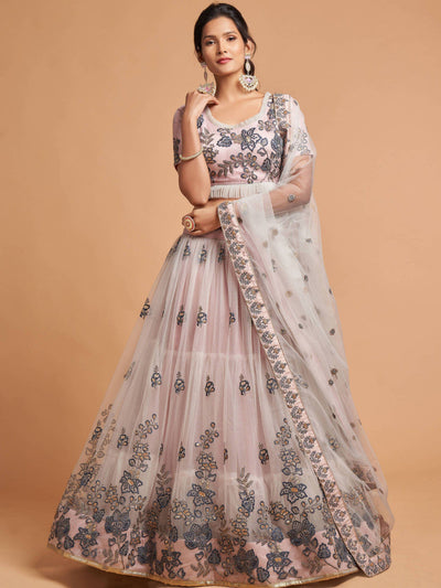 Brilliant Grey Zari Embroidered Net Party Lehenga Choli for Women