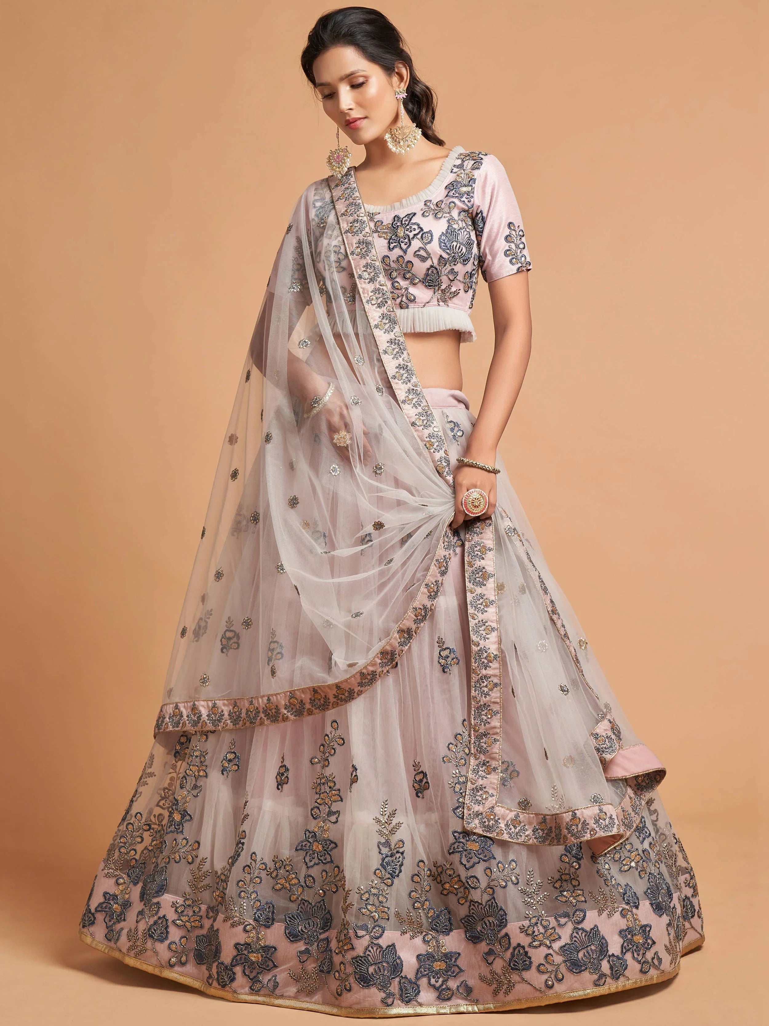 Brilliant Grey Zari Embroidered Net Party Lehenga Choli for Women