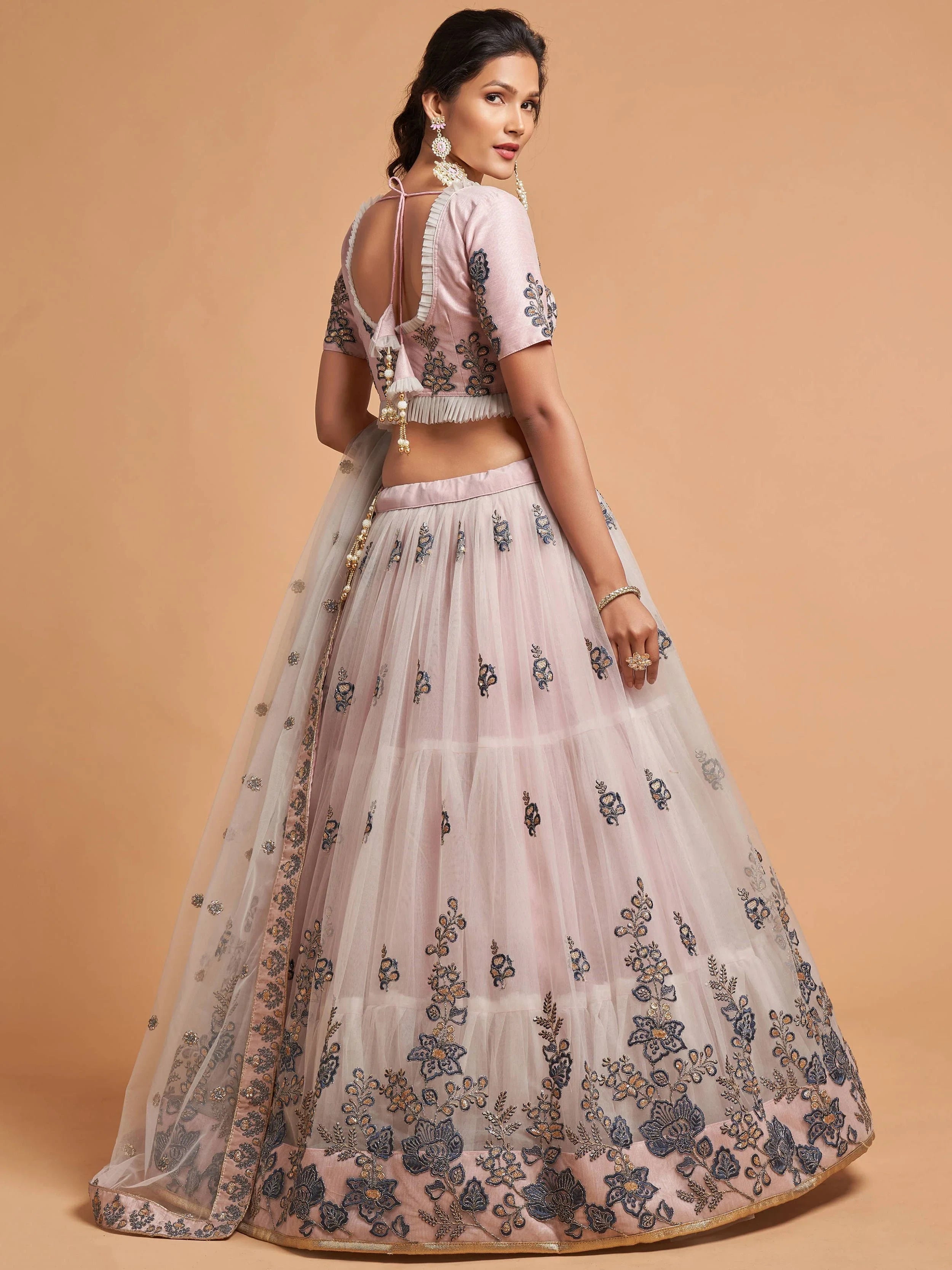 Brilliant Grey Zari Embroidered Net Party Lehenga Choli for Women