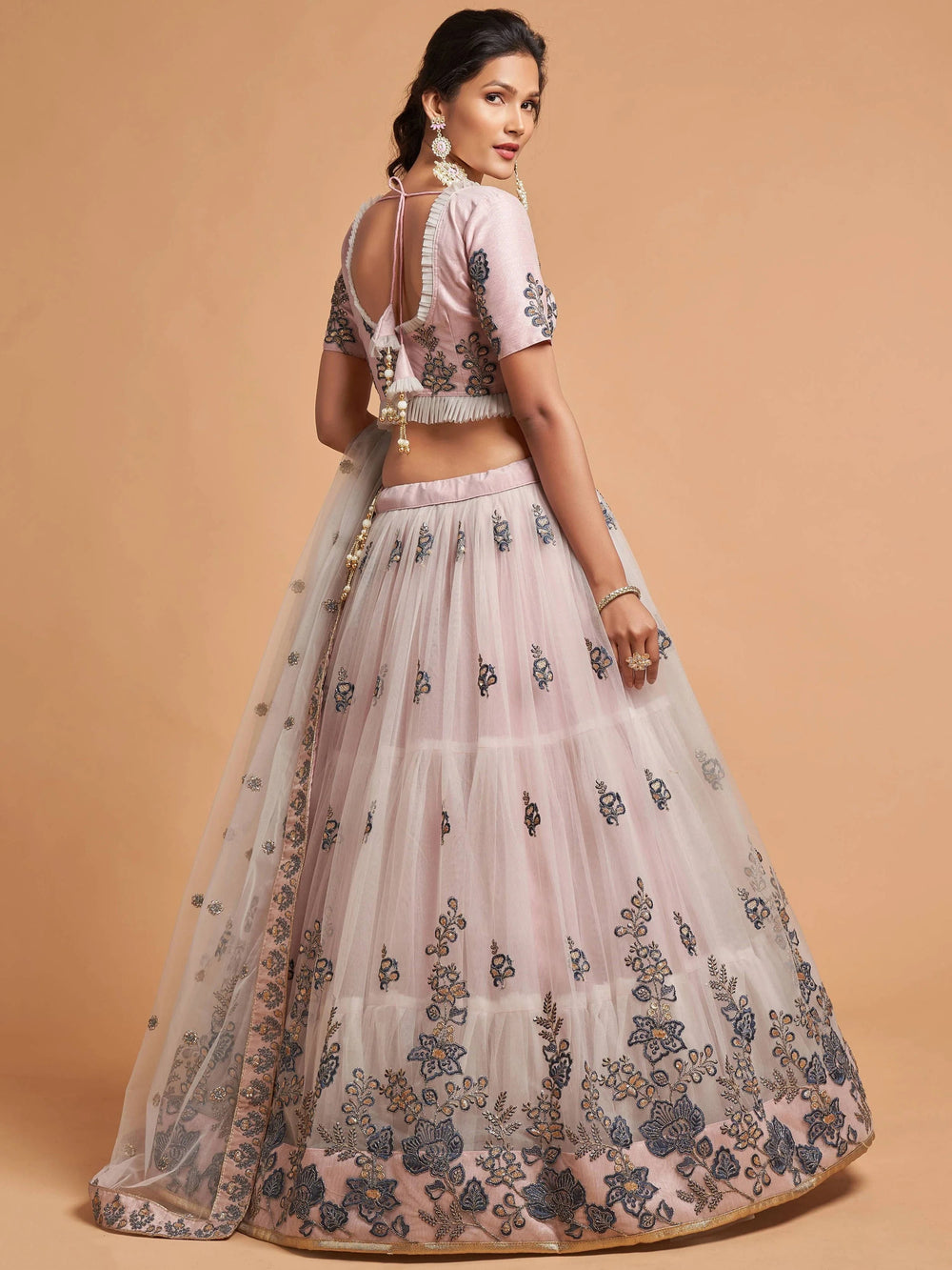 Brilliant Grey Zari Embroidered Net Party Lehenga Choli for Women