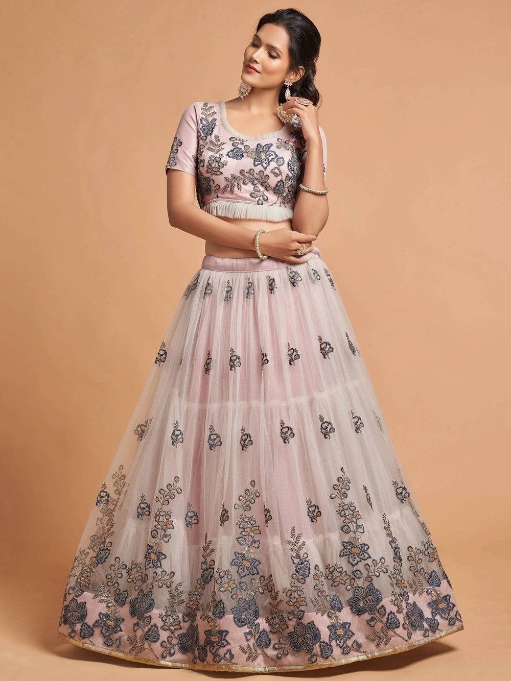 Brilliant Grey Zari Embroidered Net Party Lehenga Choli for Women