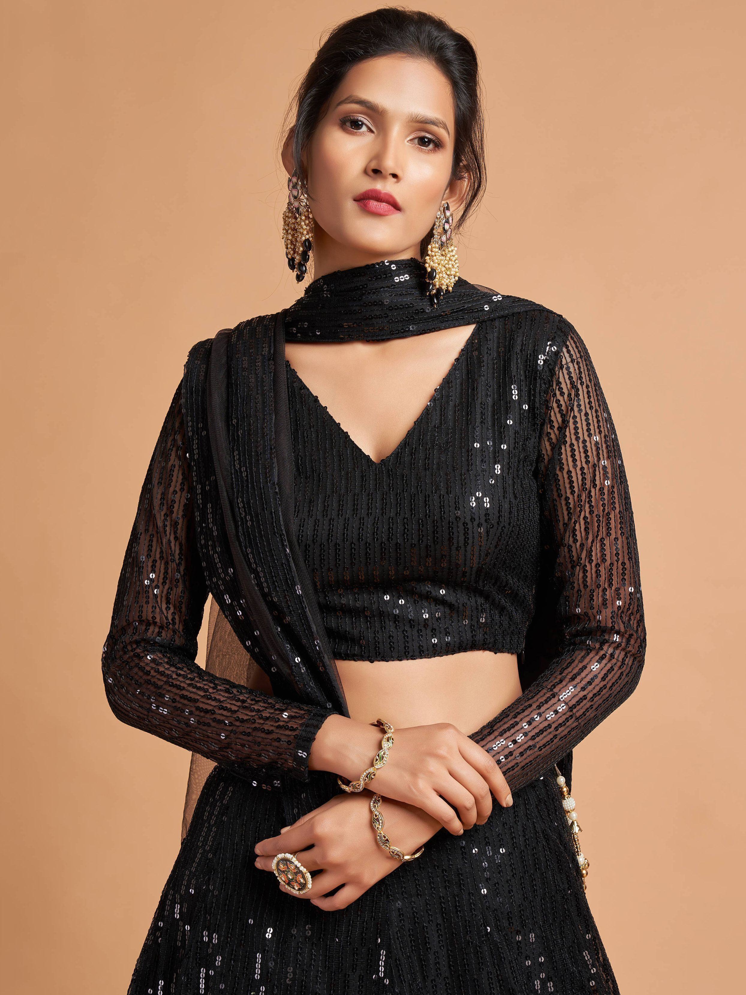 Black Thread Embroidered Net Party Lehenga Choli for Women