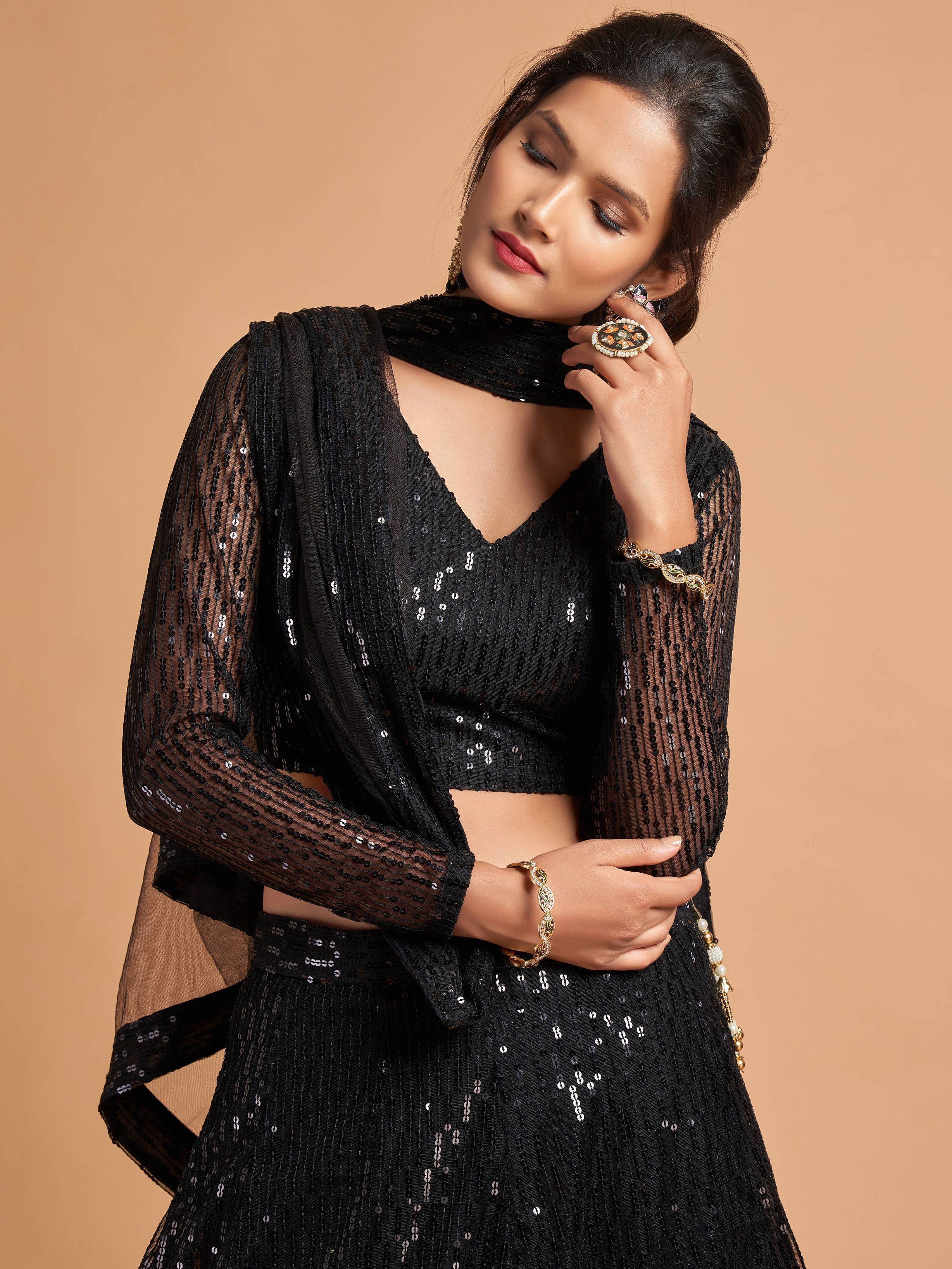 Black Thread Embroidered Net Party Lehenga Choli for Women