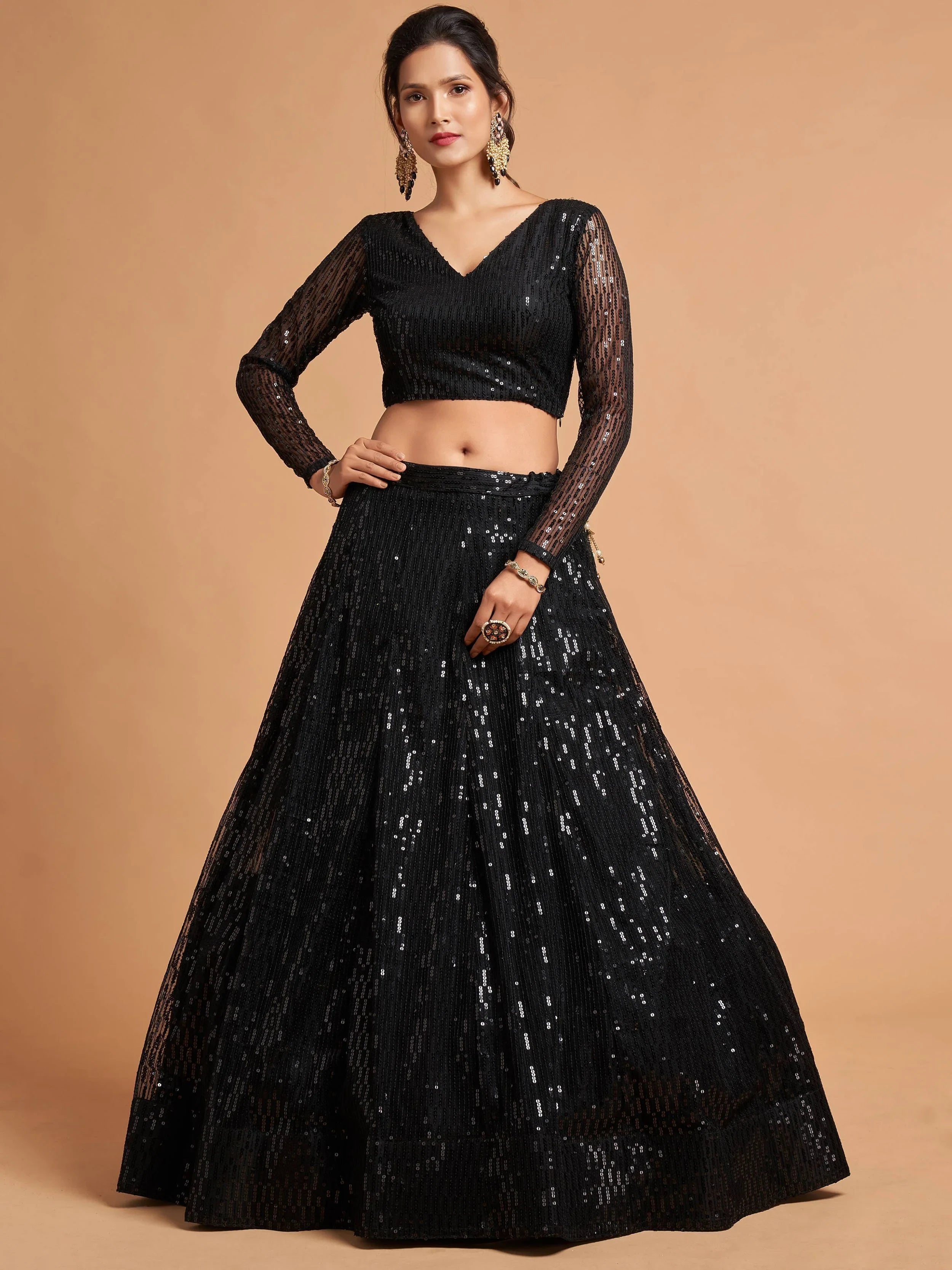 Black Thread Embroidered Net Party Lehenga Choli for Women
