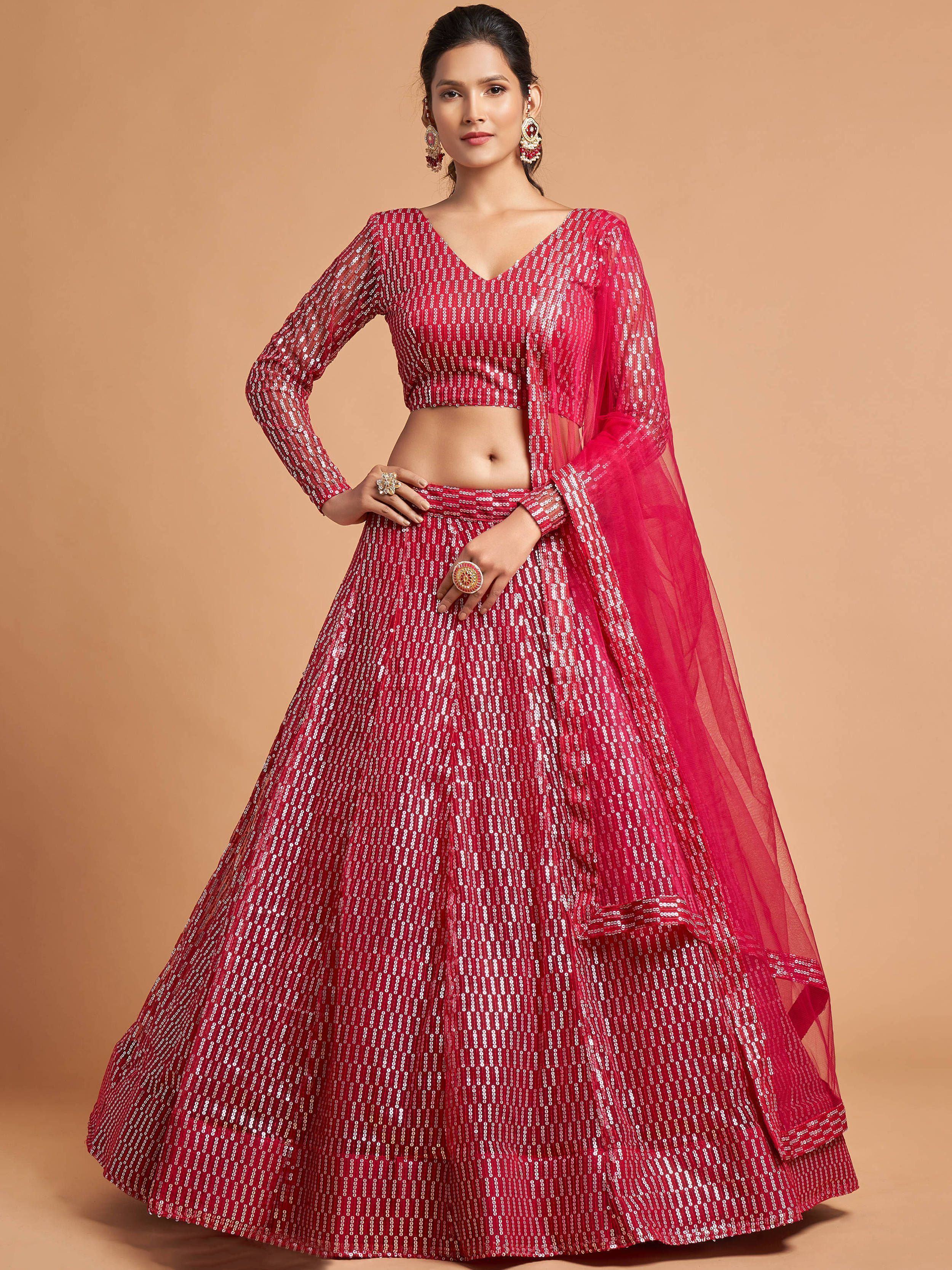 Hot Pink Thread Embroidered Net Party Lehenga Choli for Women