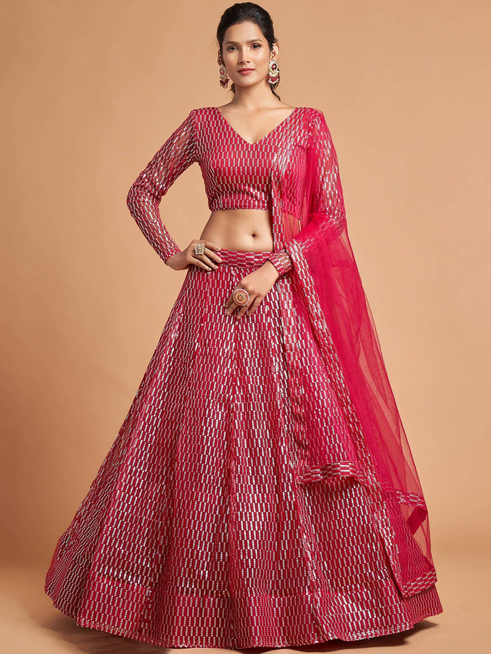 Hot Pink Thread Embroidered Net Party Lehenga Choli for Women