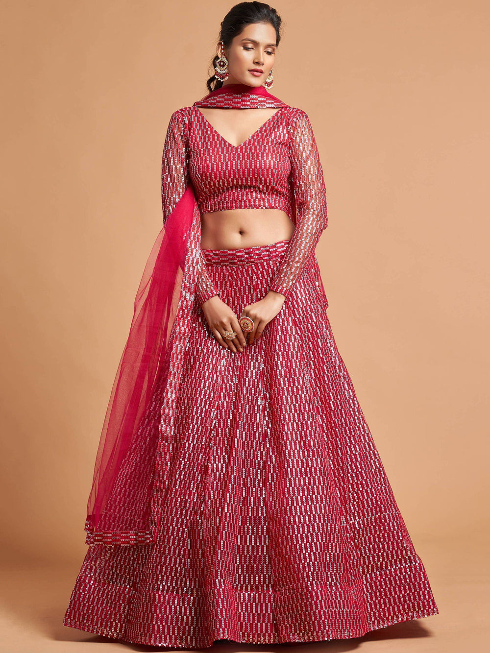 Hot Pink Thread Embroidered Net Party Lehenga Choli for Women