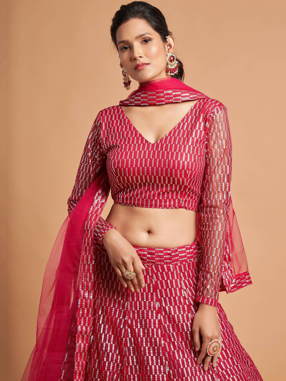 Hot Pink Thread Embroidered Net Party Lehenga Choli for Women