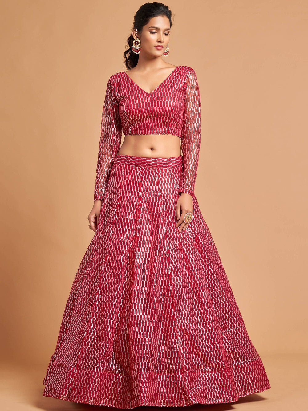 Hot Pink Thread Embroidered Net Party Lehenga Choli for Women