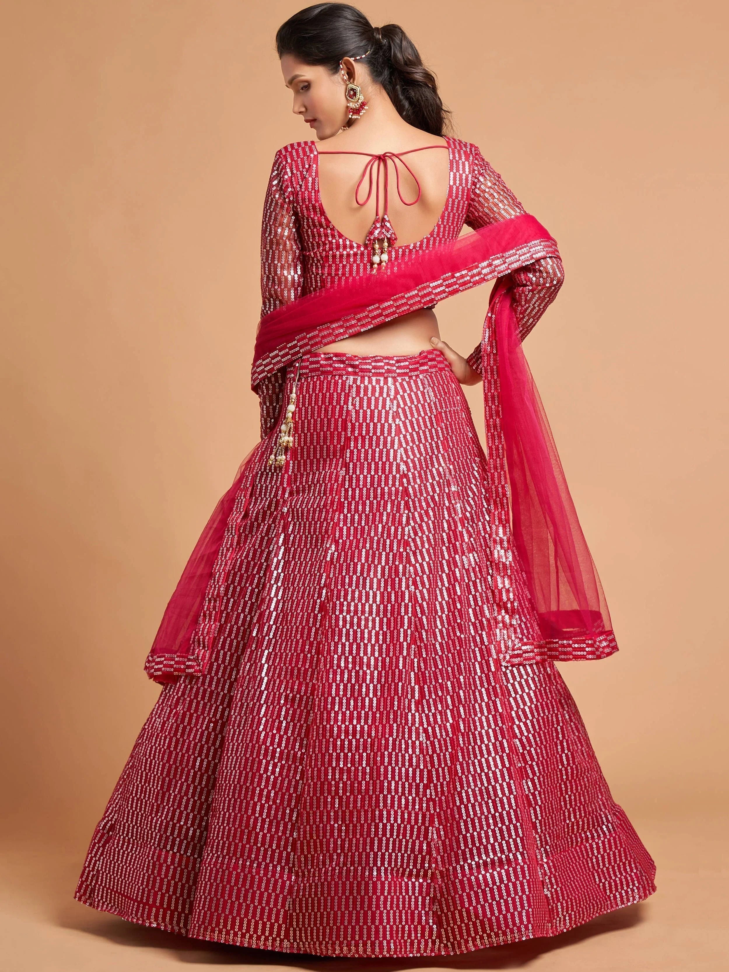 Hot Pink Thread Embroidered Net Party Lehenga Choli for Women