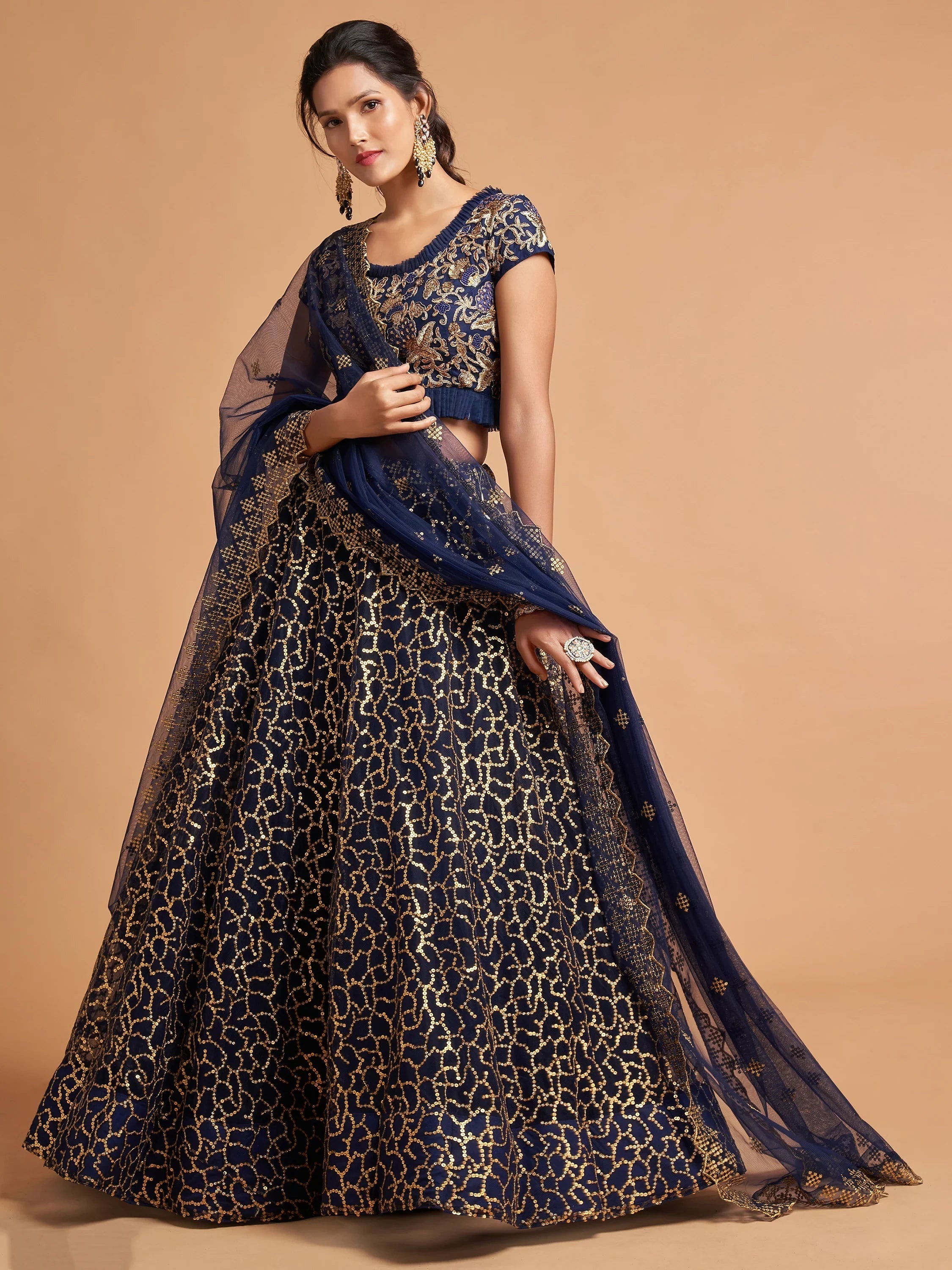 Navy Blue Thread Embroidered Net Wedding Lehenga Choli for Women