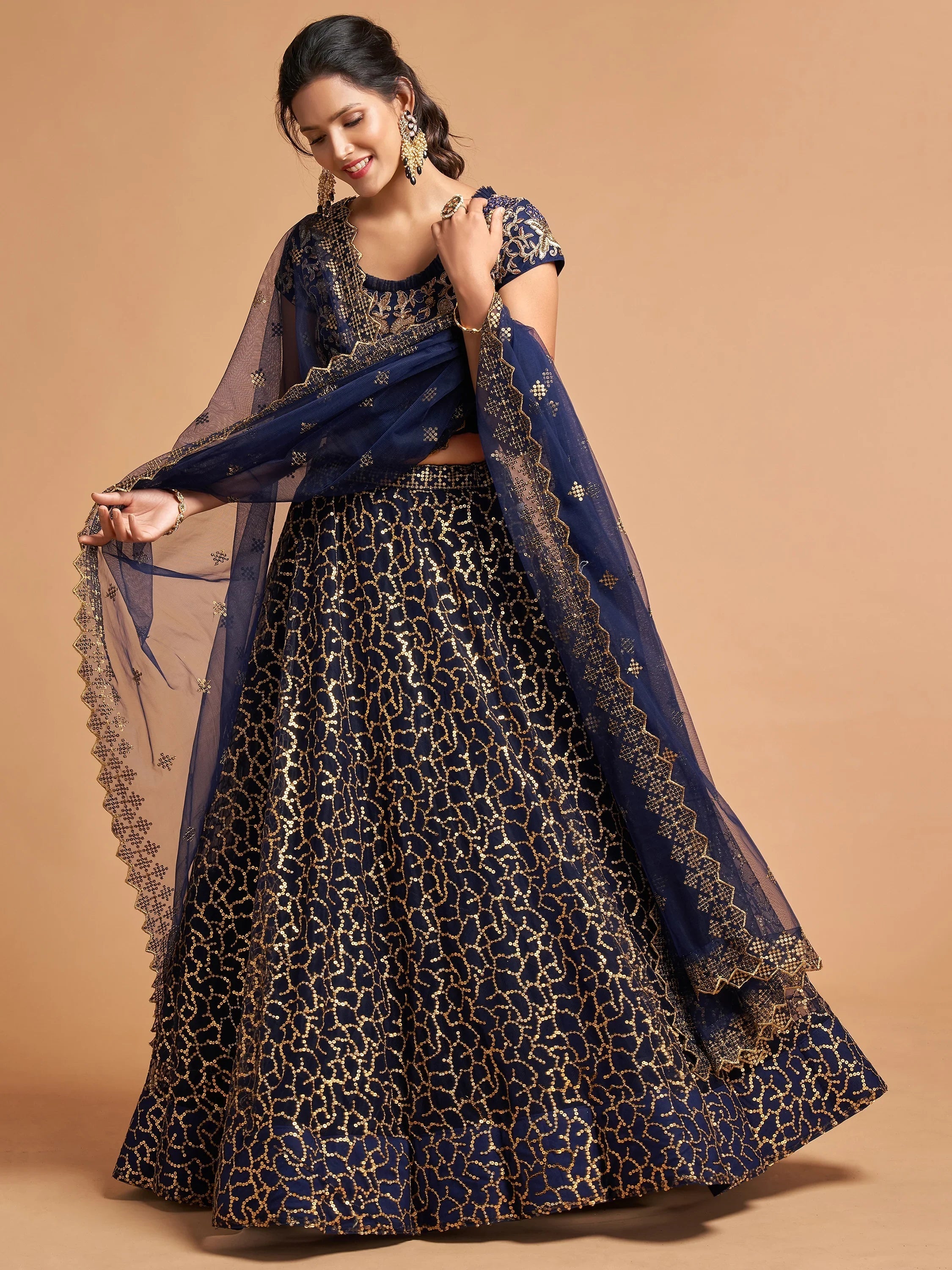 Navy Blue Thread Embroidered Net Wedding Lehenga Choli for Women