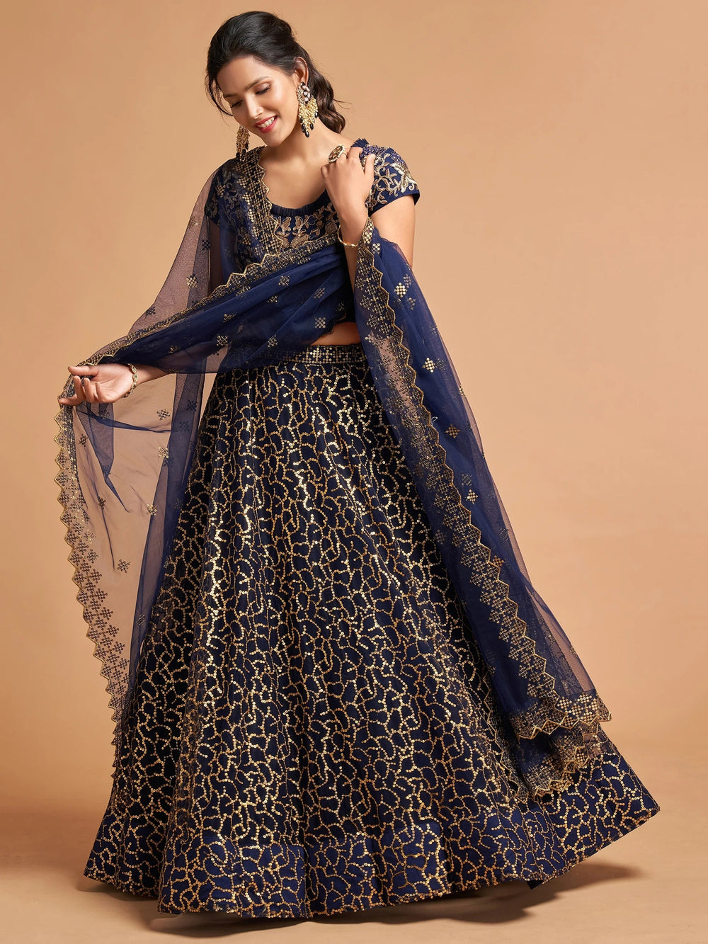 Navy Blue Thread Embroidered Net Wedding Lehenga Choli for Women