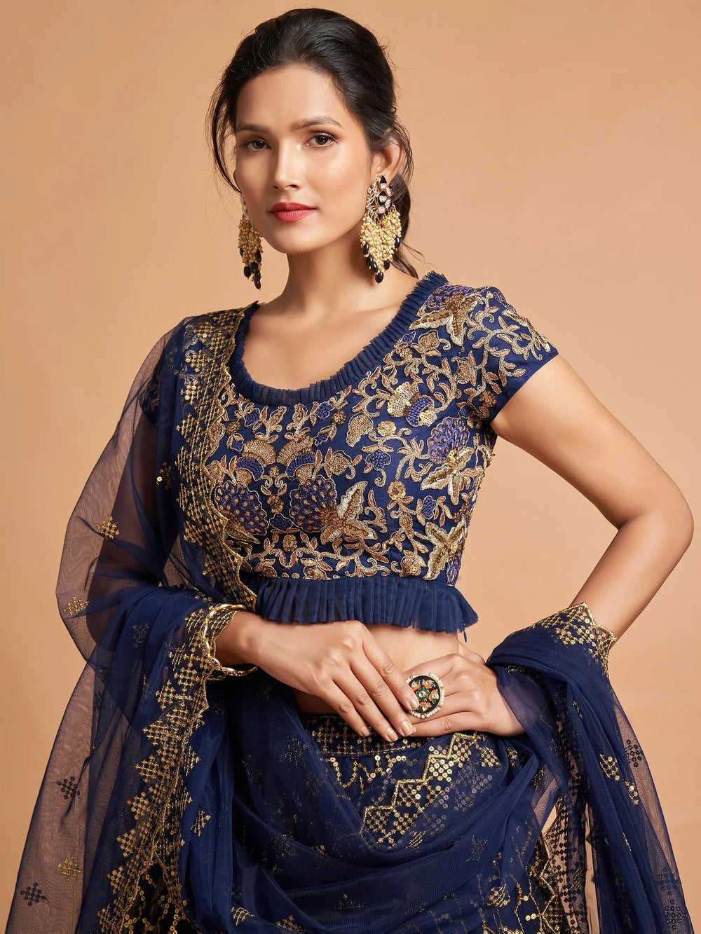 Navy Blue Thread Embroidered Net Wedding Lehenga Choli for Women