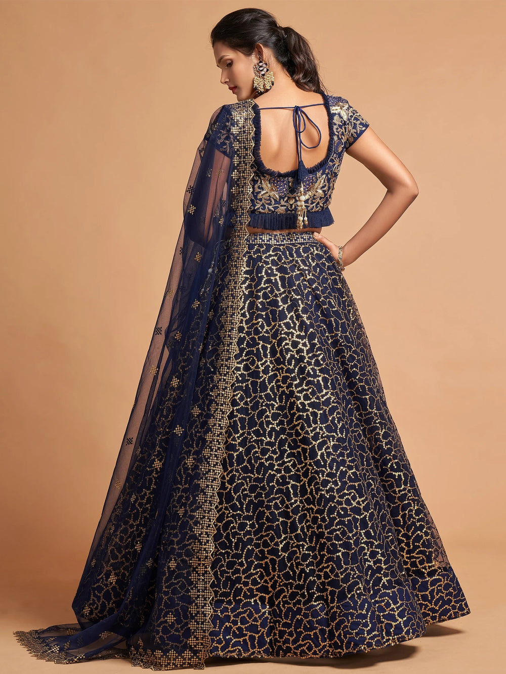 Navy Blue Thread Embroidered Net Wedding Lehenga Choli for Women