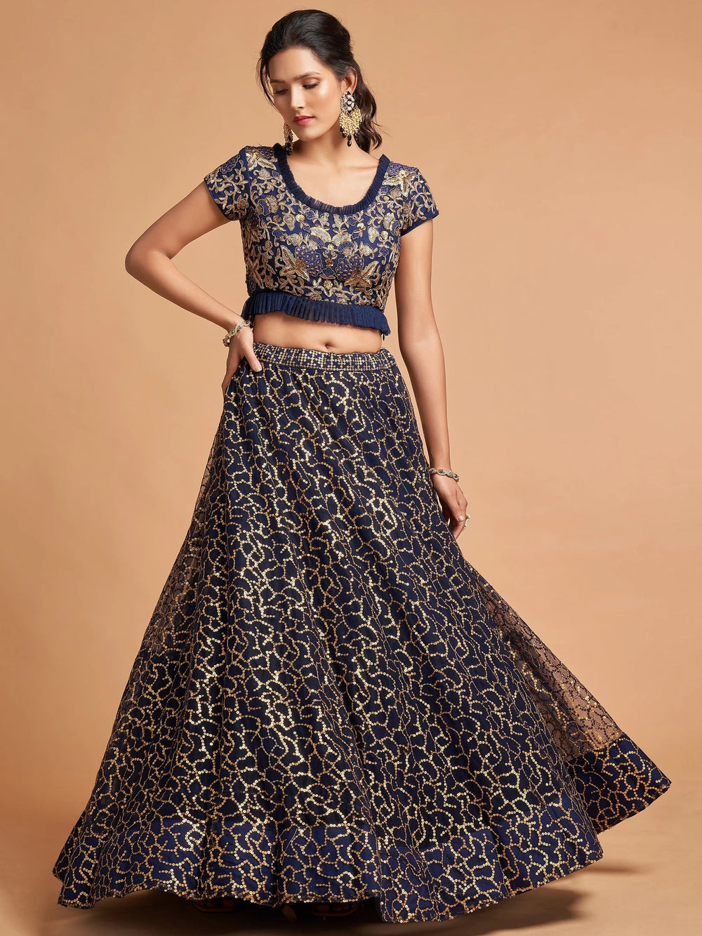 Navy Blue Thread Embroidered Net Wedding Lehenga Choli for Women