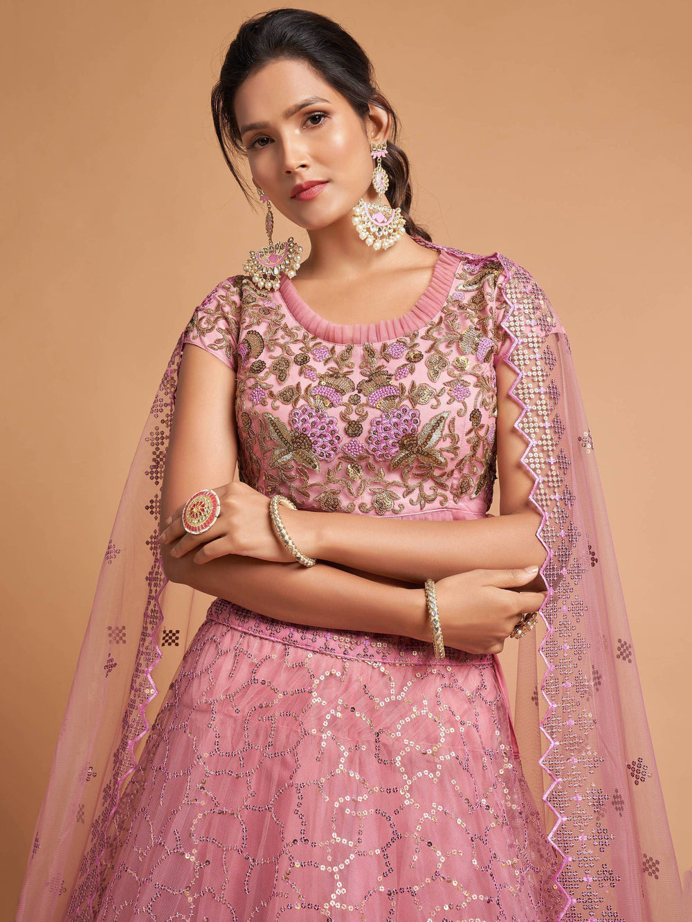 Net lehenga choli with dori thread embroidery and sequins work for wedding and engagement