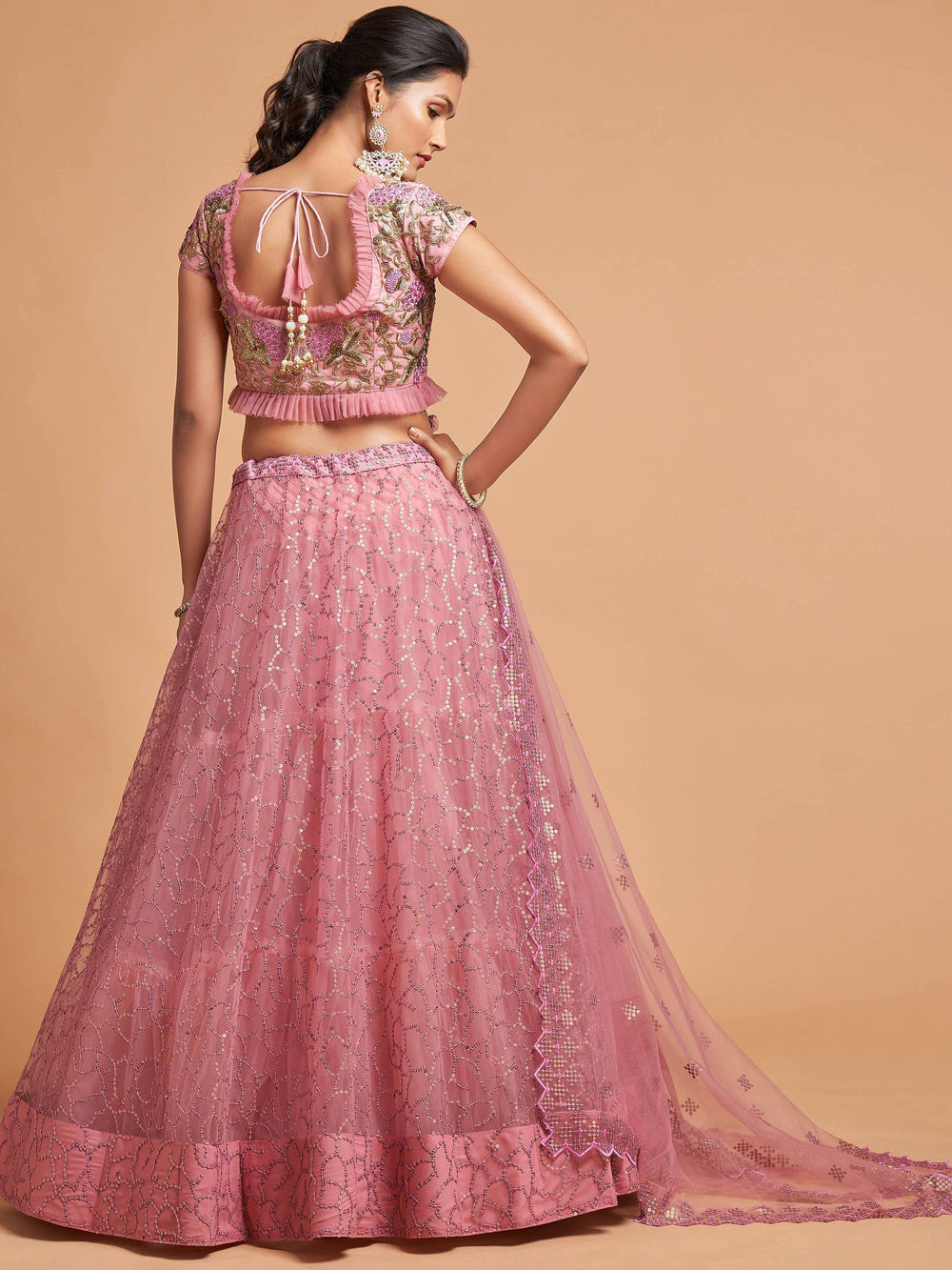 Net lehenga choli with dori thread embroidery and sequins work for wedding and engagement