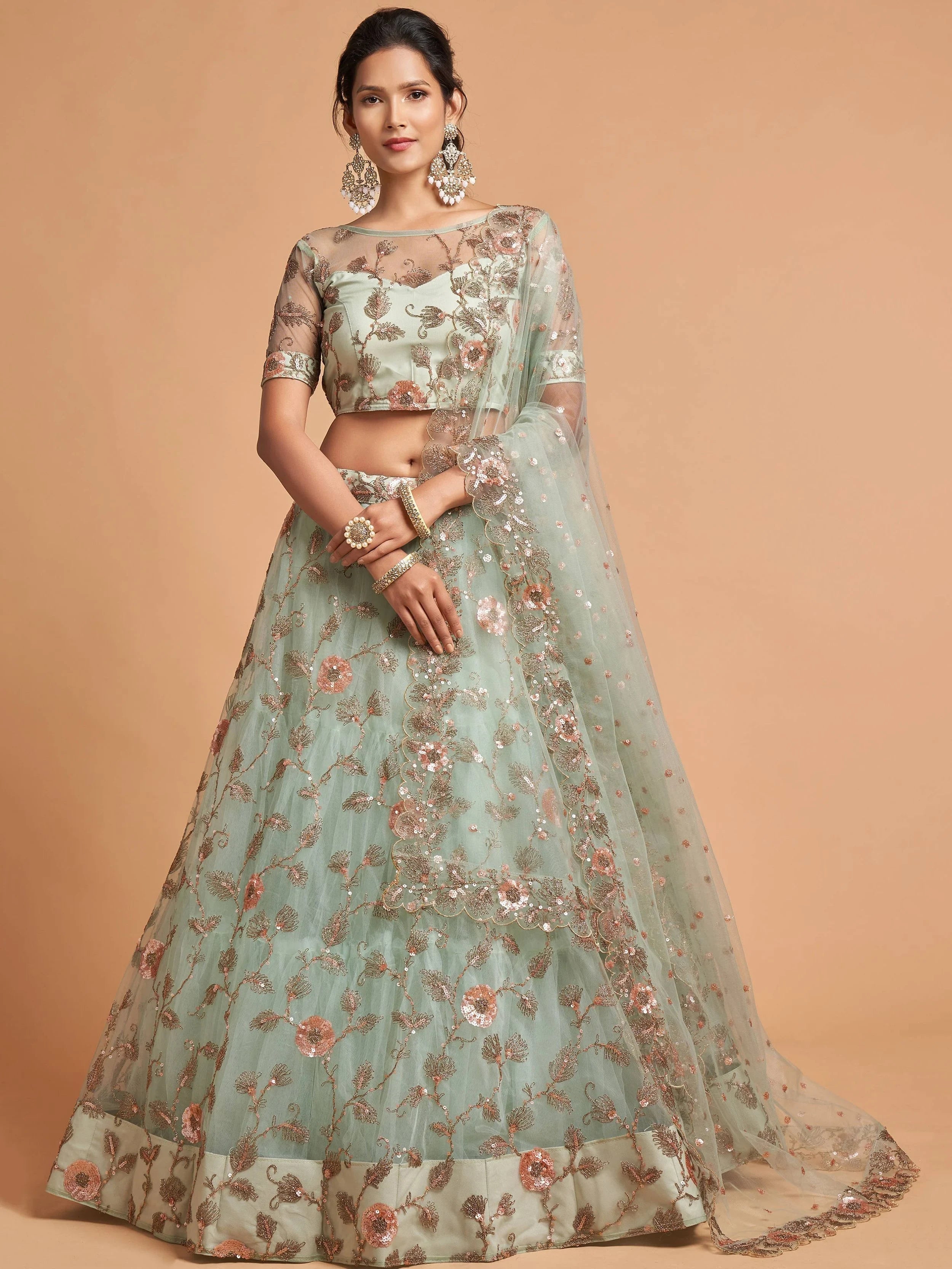 Pista Green Dori Thread Embroidered Net Wedding Lehenga Choli