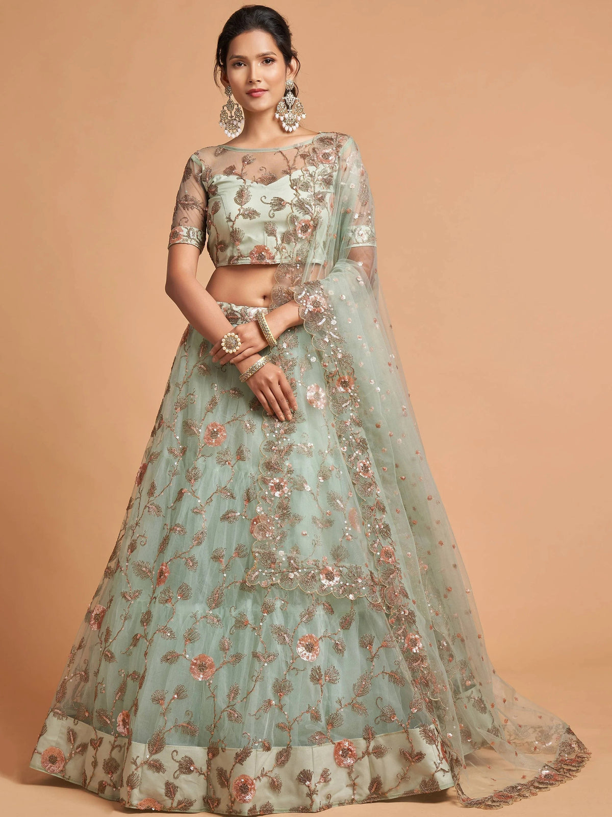 Pista Green Dori Thread Embroidered Net Wedding Lehenga Choli