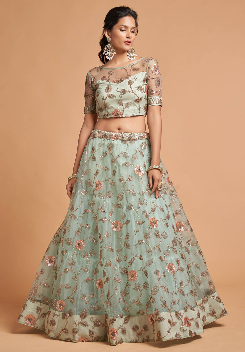 Pista Green Dori Thread Embroidered Net Wedding Lehenga Choli