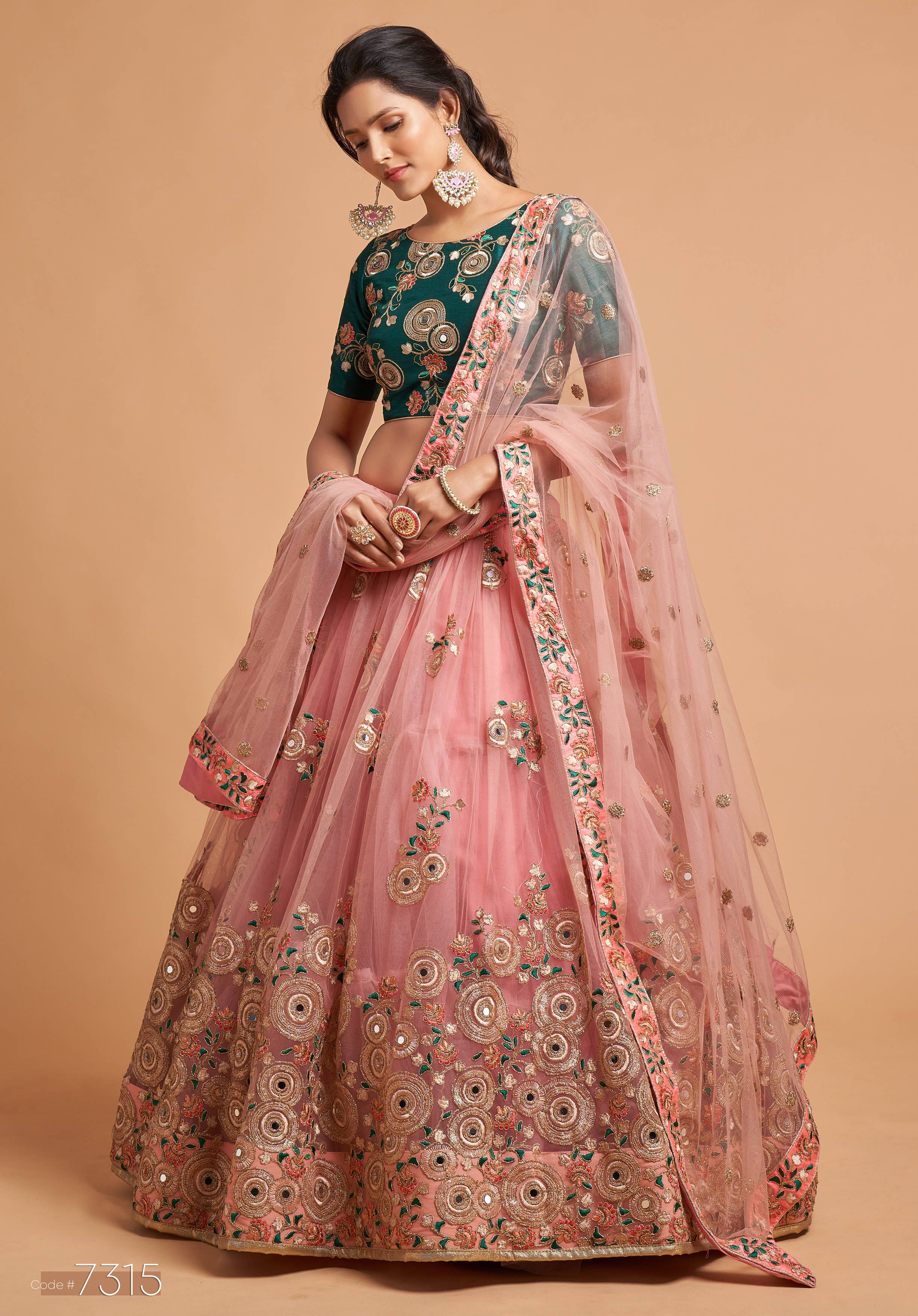 Peach Mirror Work Net Party Lehenga Choli for Ladies