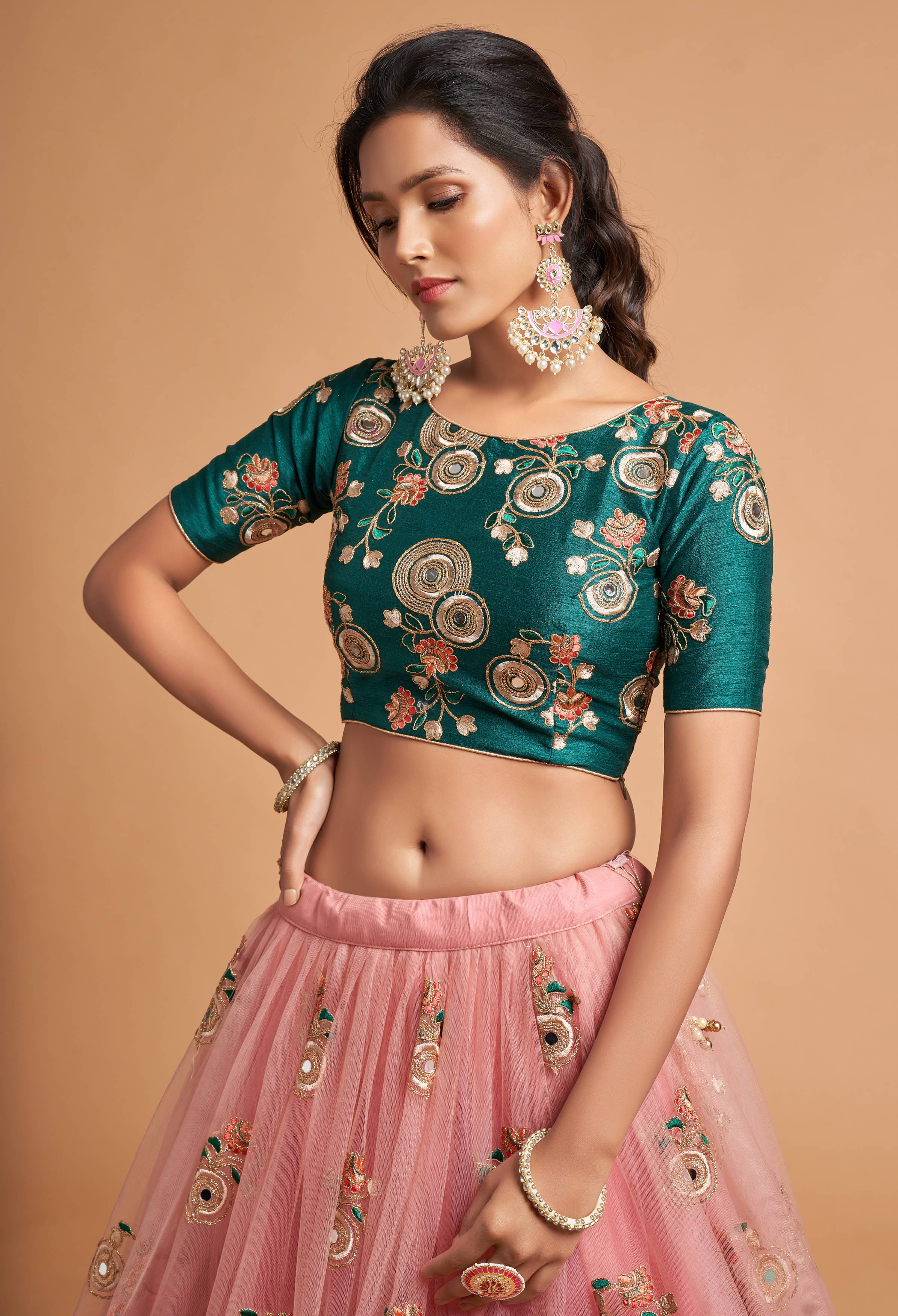 Peach Mirror Work Net Party Lehenga Choli for Ladies