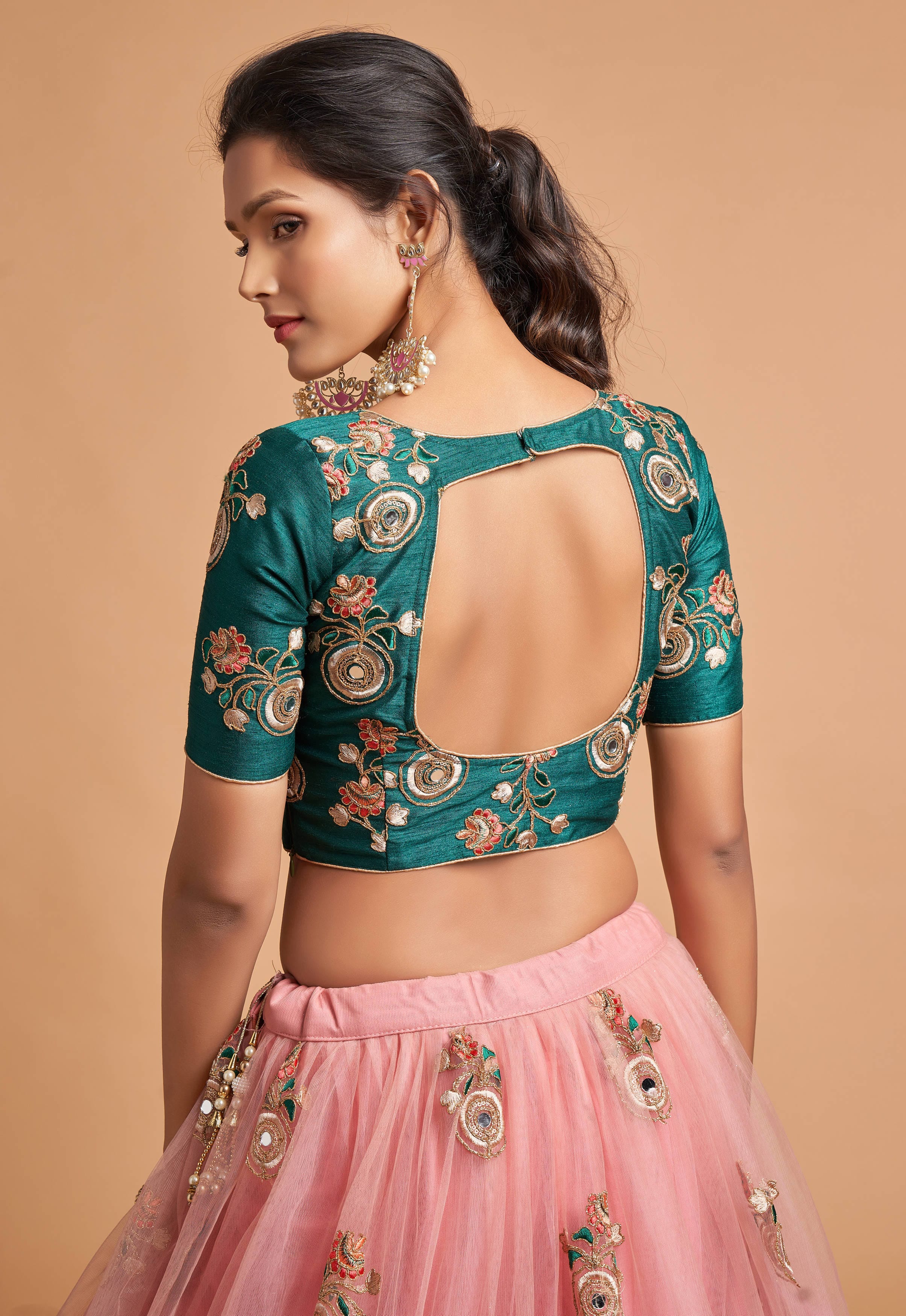 Peach Mirror Work Net Party Lehenga Choli for Ladies