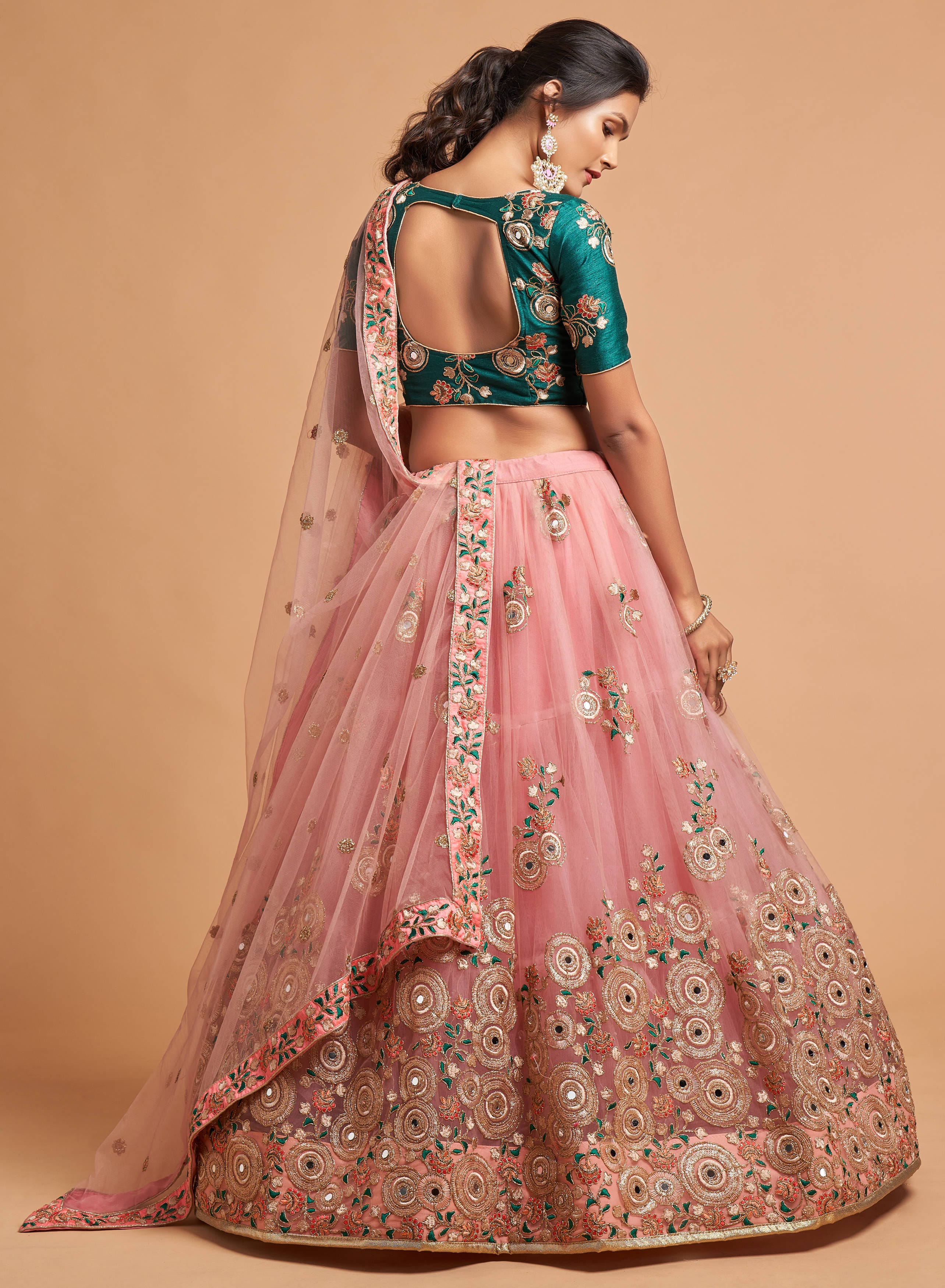 Peach Mirror Work Net Party Lehenga Choli for Ladies