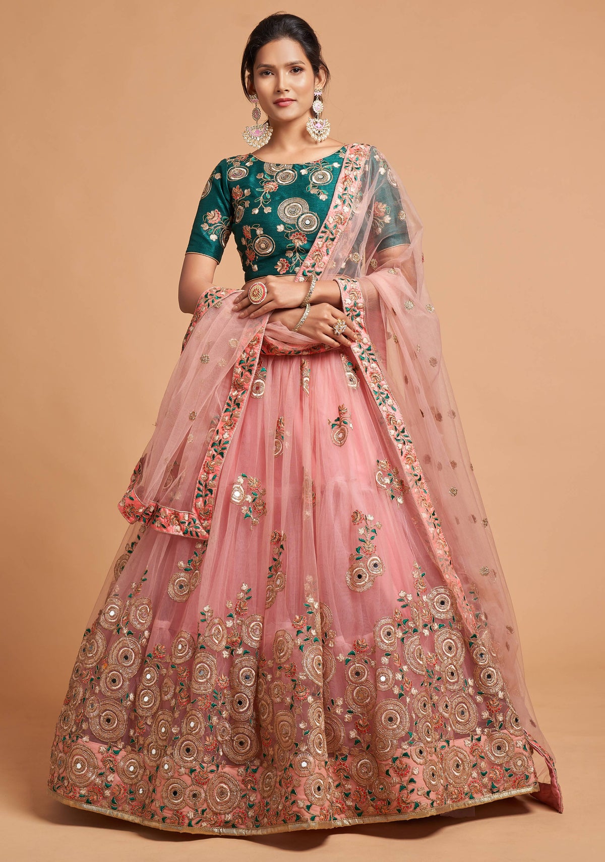 Peach Mirror Work Net Party Lehenga Choli for Ladies
