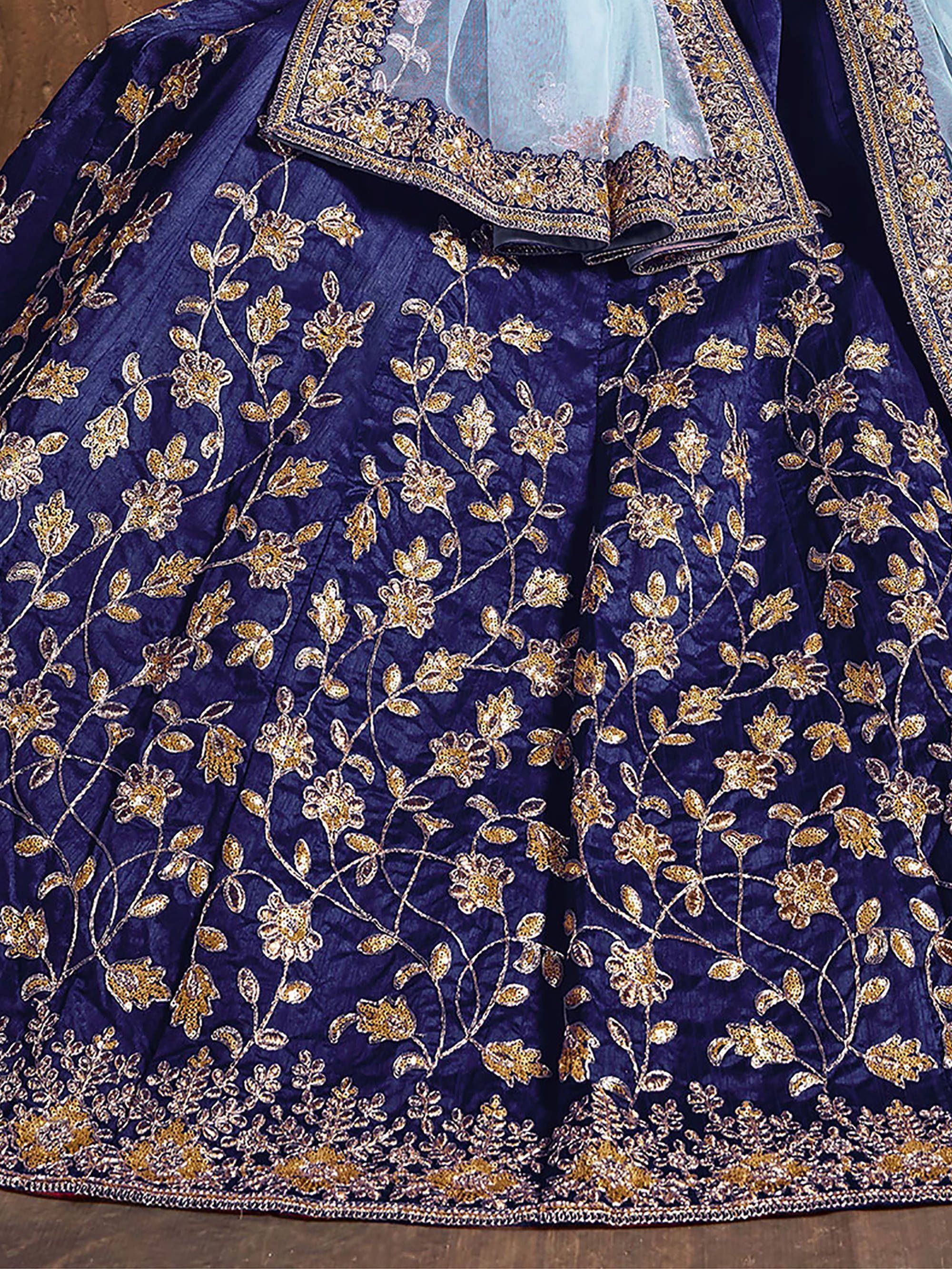 Navy Blue Sequins Raw Silk Bridal Lehenga Choli with Sky Blue Dupatta