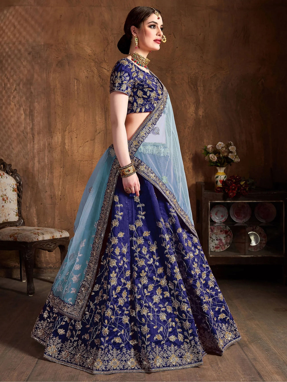 Navy Blue Sequins Raw Silk Bridal Lehenga Choli with Sky Blue Dupatta