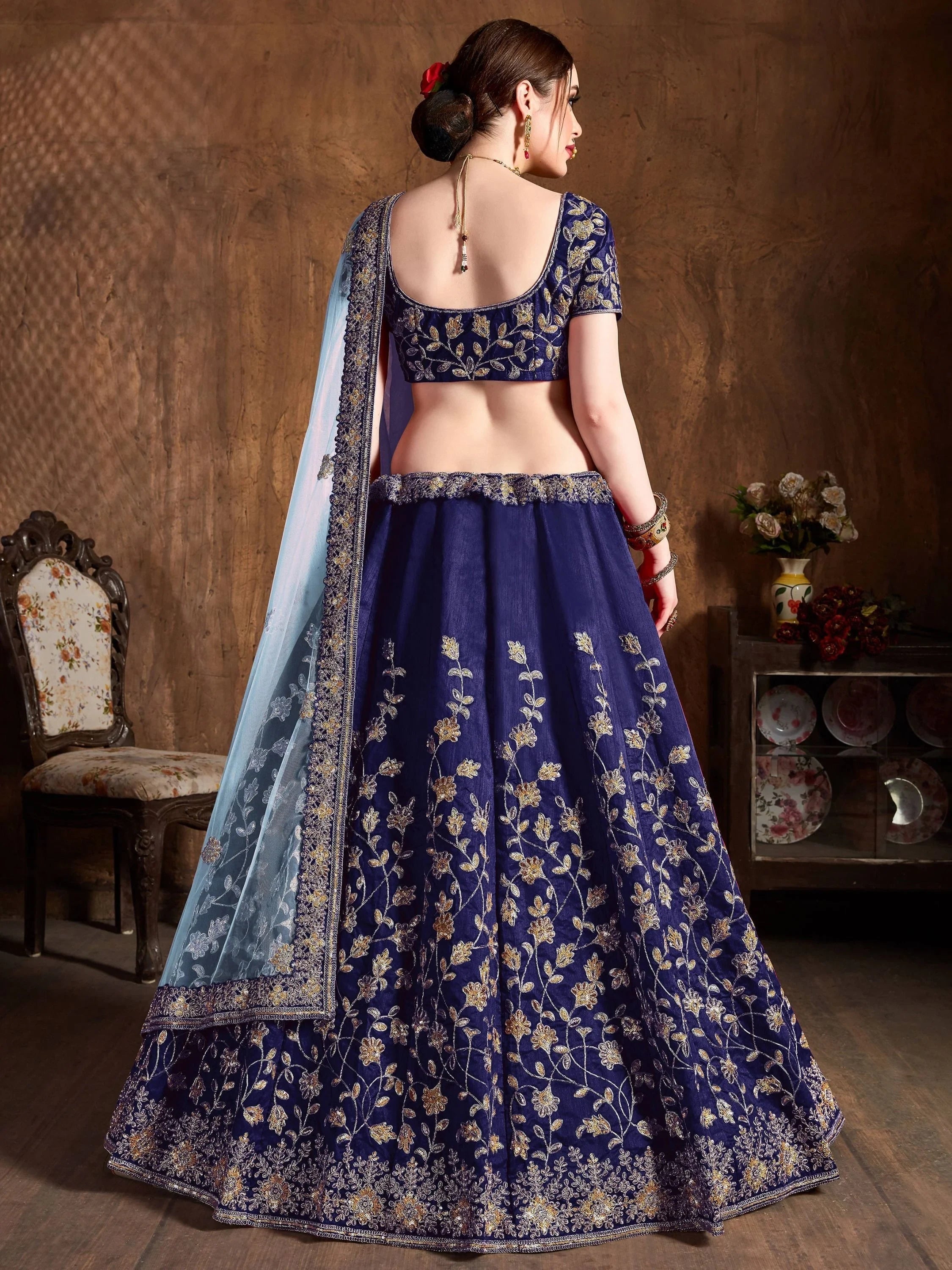 Navy Blue Sequins Raw Silk Bridal Lehenga Choli with Sky Blue Dupatta