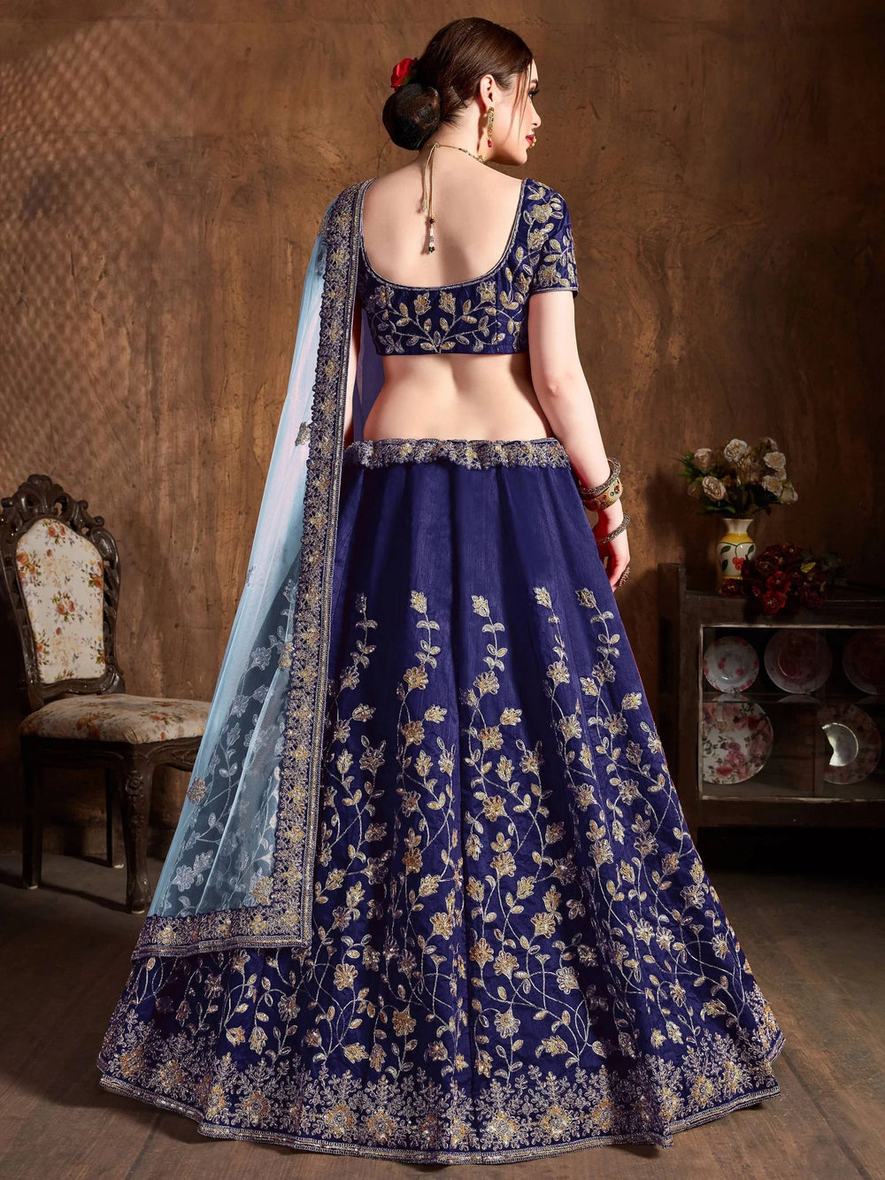 Navy Blue Sequins Raw Silk Bridal Lehenga Choli with Sky Blue Dupatta