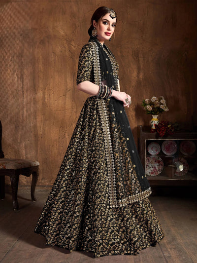 Black Zari Embroidered Raw Silk Wedding Lehenga Choli with Dupatta