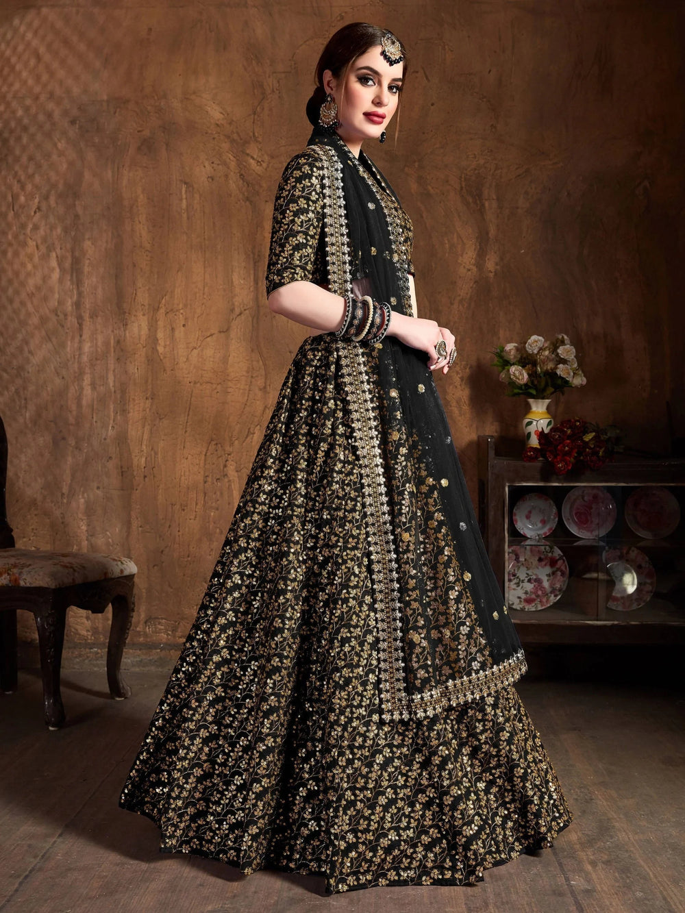 Black Zari Embroidered Raw Silk Wedding Lehenga Choli with Dupatta