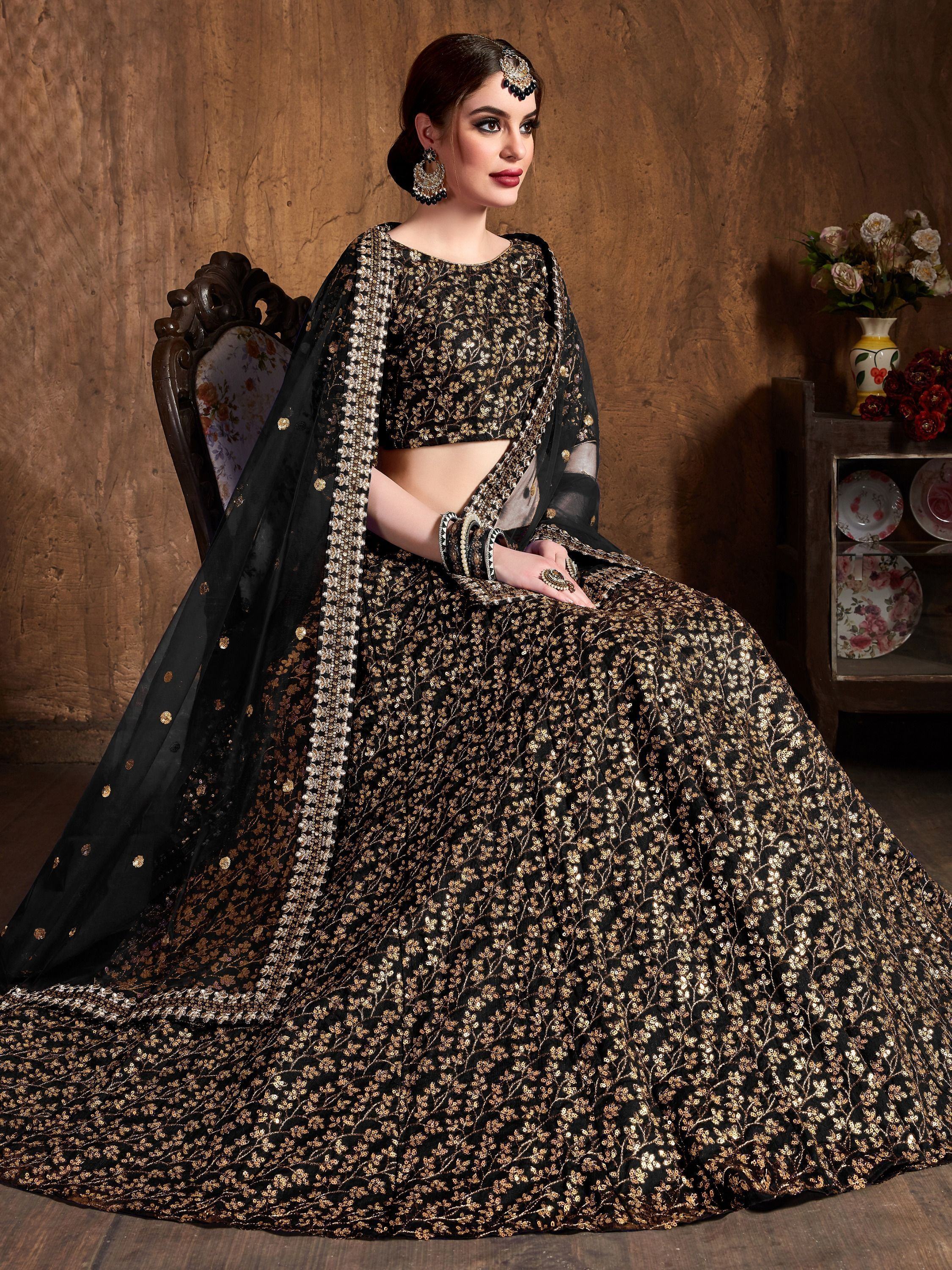 Black Zari Embroidered Raw Silk Wedding Lehenga Choli with Dupatta