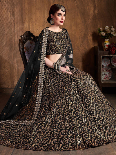 Black Zari Embroidered Raw Silk Wedding Lehenga Choli with Dupatta