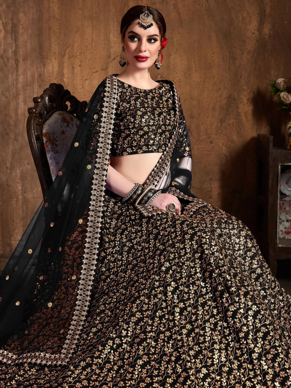 Black Zari Embroidered Raw Silk Wedding Lehenga Choli with Dupatta