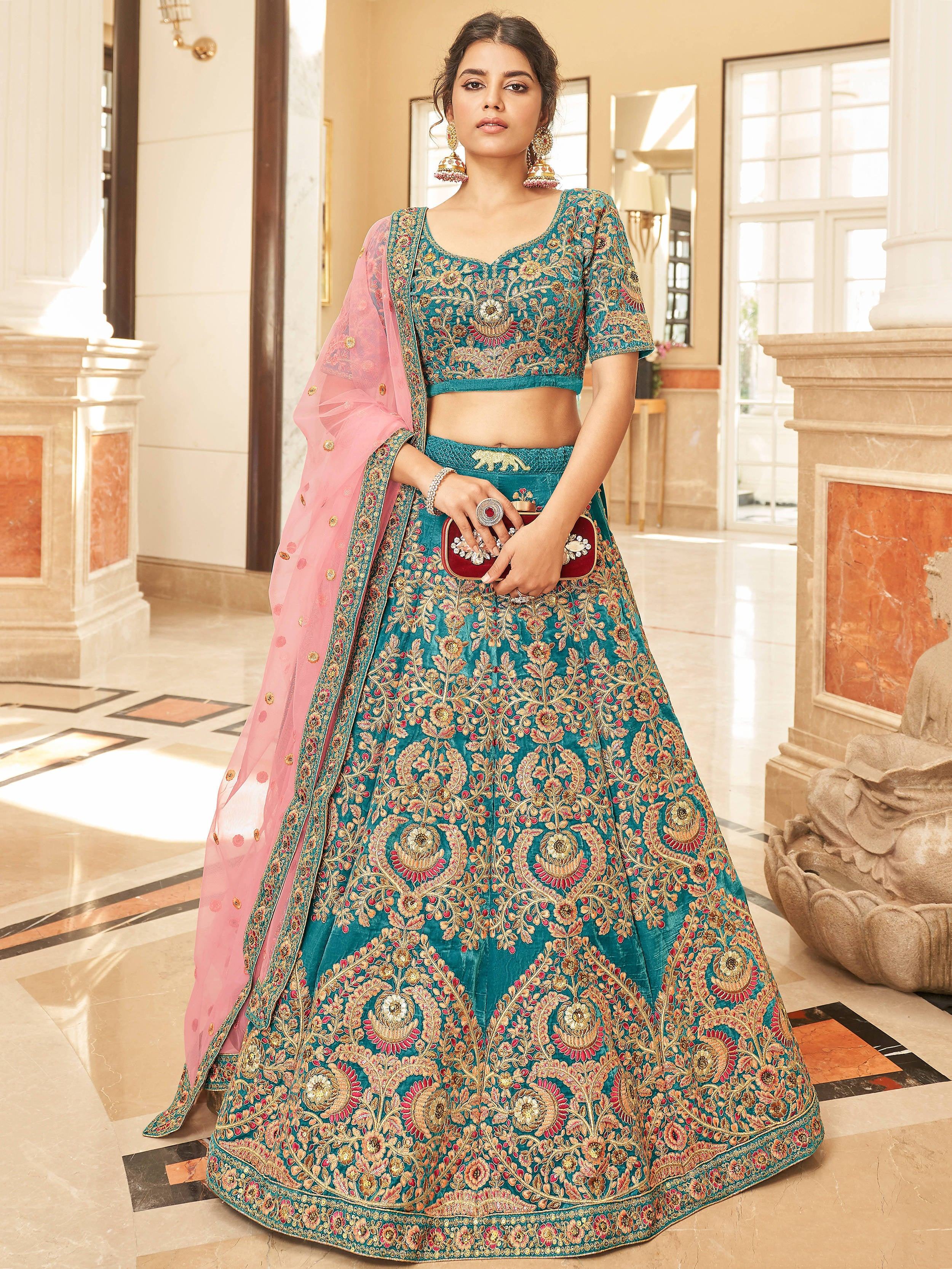 Teal Blue Heavy Embroidered Velvet Bridesmaid Lehenga Choli for Women